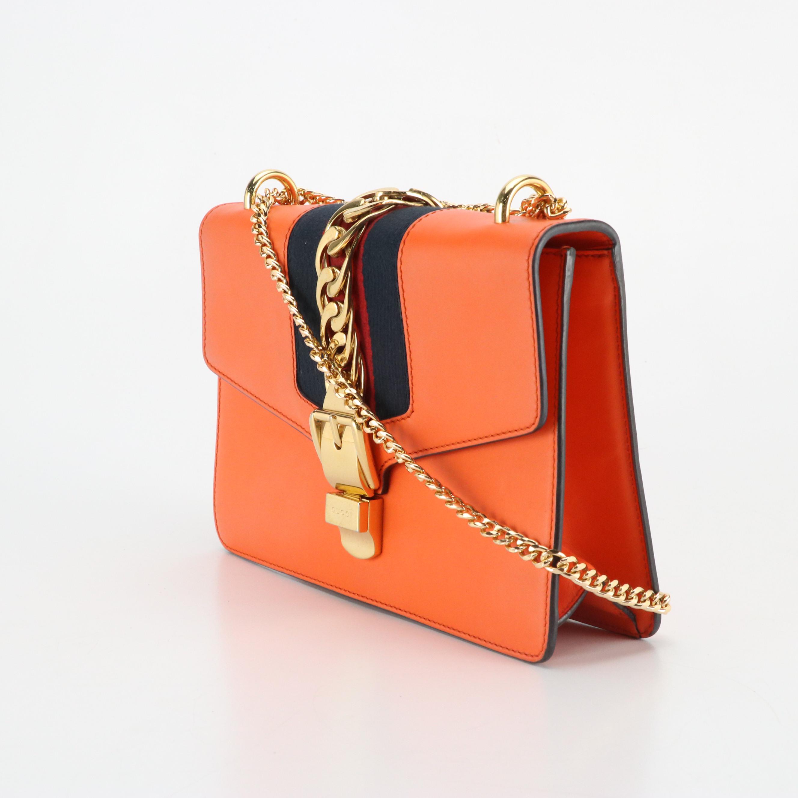 Gucci Orange Calfskin Leather and Web Medium Sylvie Shoulder Bag