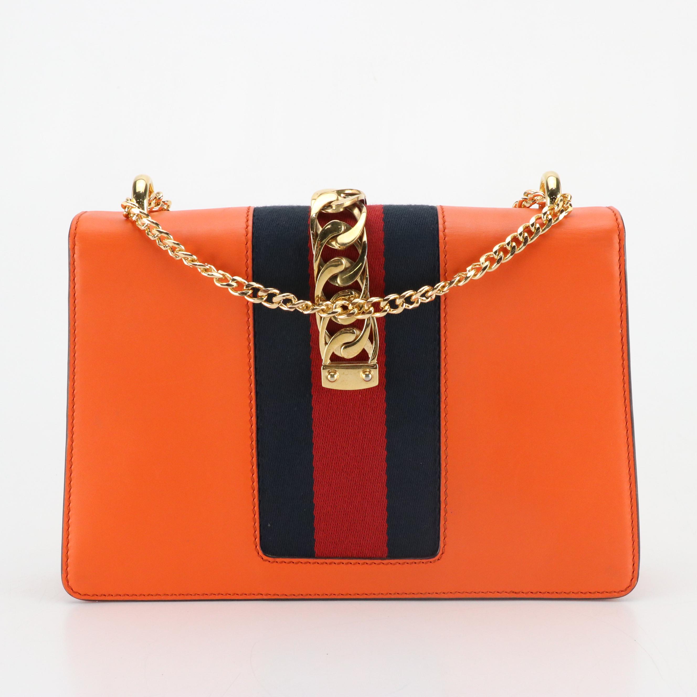 Gucci Orange Calfskin Leather and Web Medium Sylvie Shoulder Bag