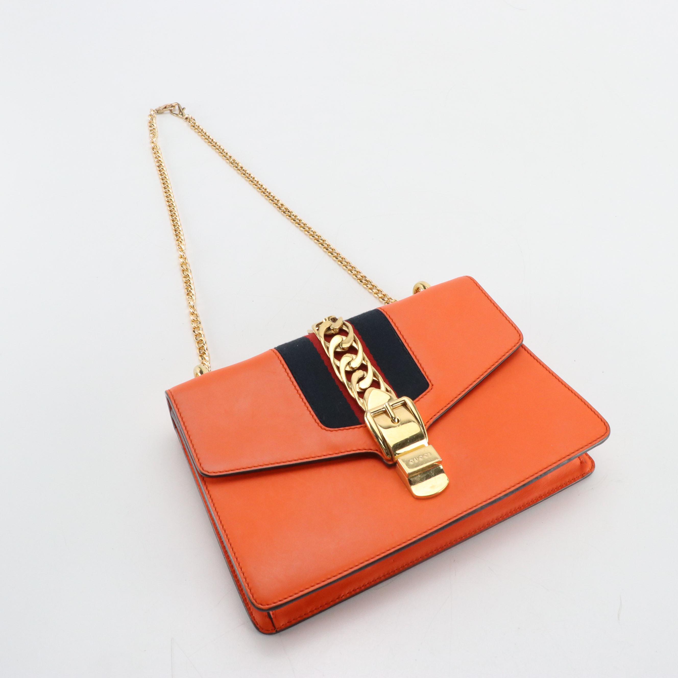 Gucci Orange Calfskin Leather and Web Medium Sylvie Shoulder Bag