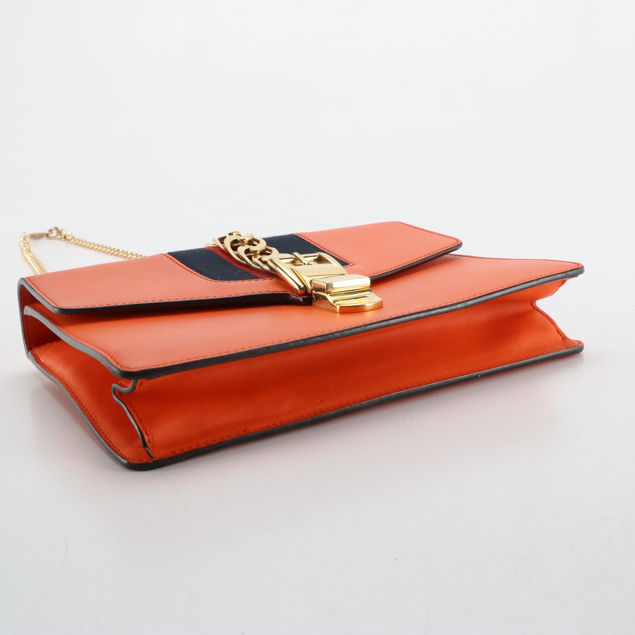 Gucci Orange Calfskin Leather and Web Medium Sylvie Shoulder Bag