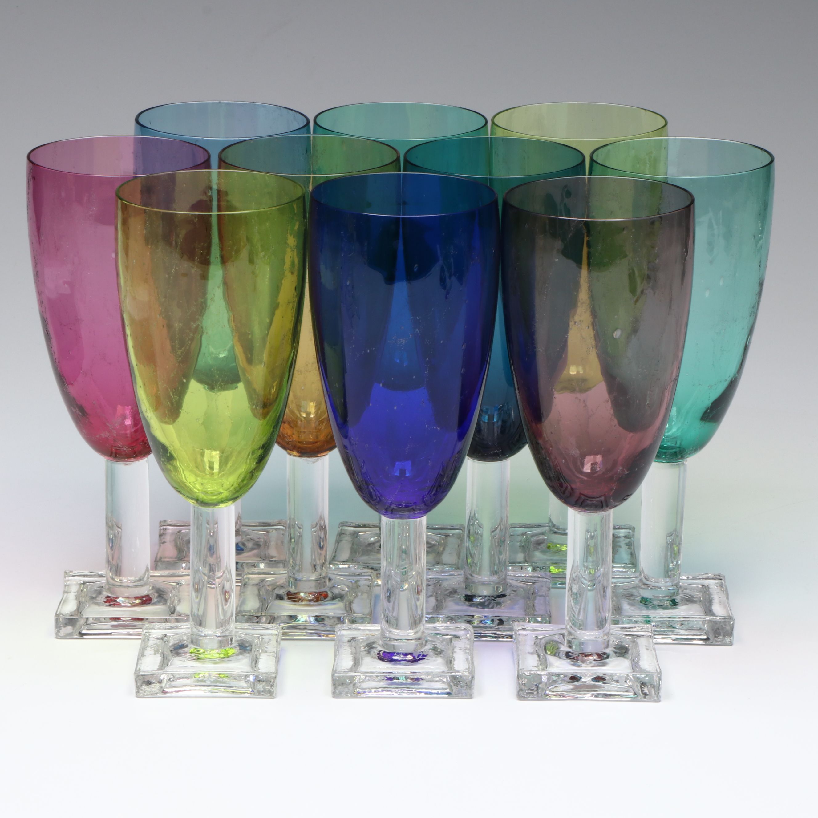 Stephen Smyers Hand Blown Crackle Studio Art Glass Goblets, 1998