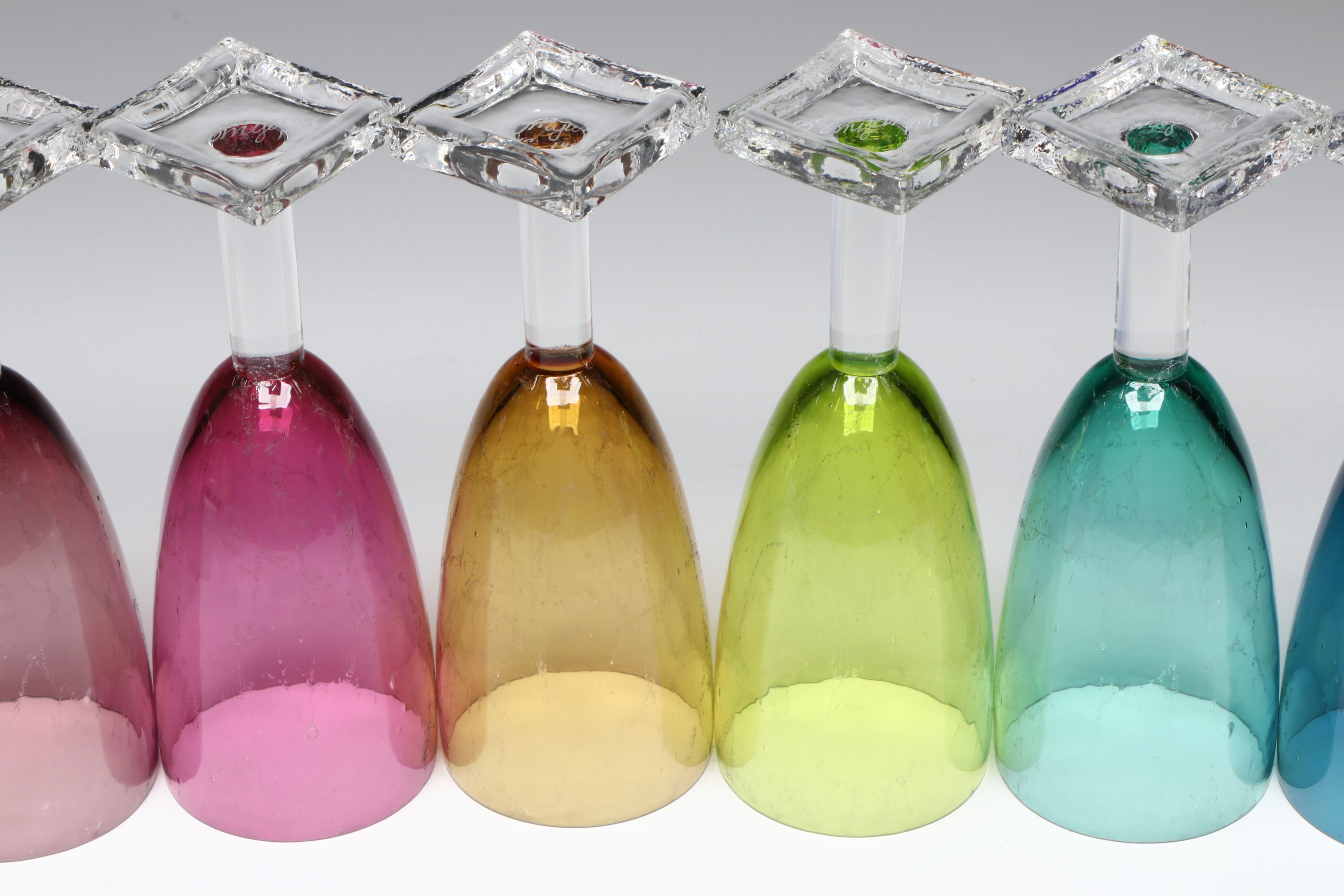 Stephen Smyers Hand Blown Crackle Studio Art Glass Goblets, 1998