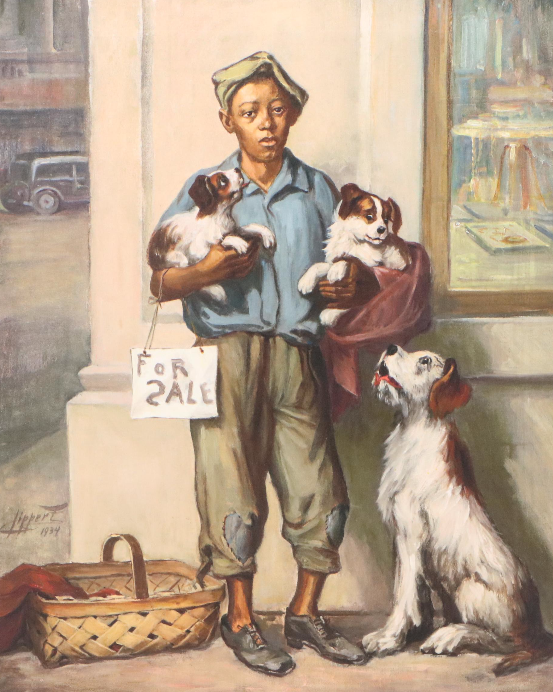 Giclée After Leon Lippert of Boy with Puppies, 21st Century