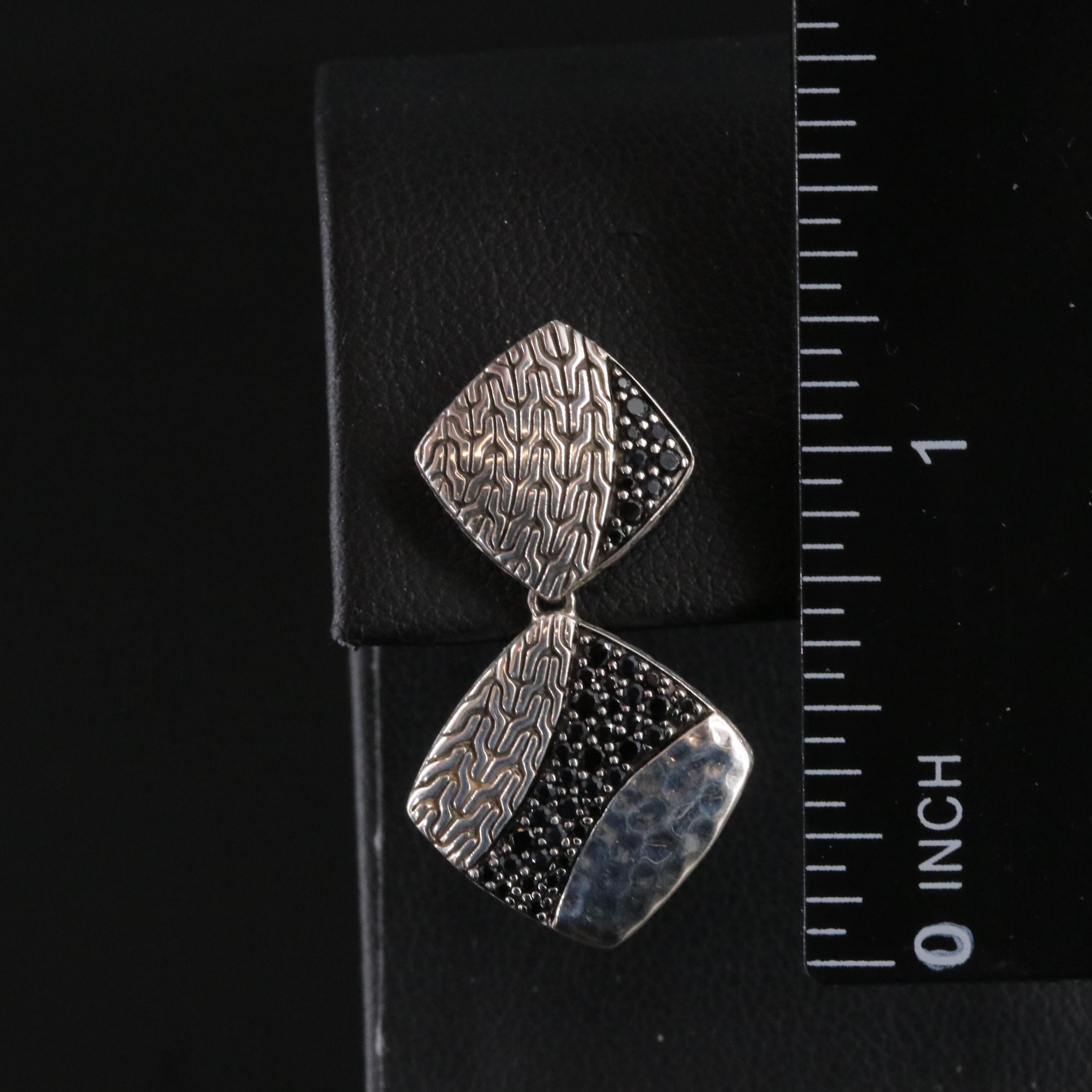 John Hardy Sterling and Black Sapphire Classic Chain Hammered Drop Earrings