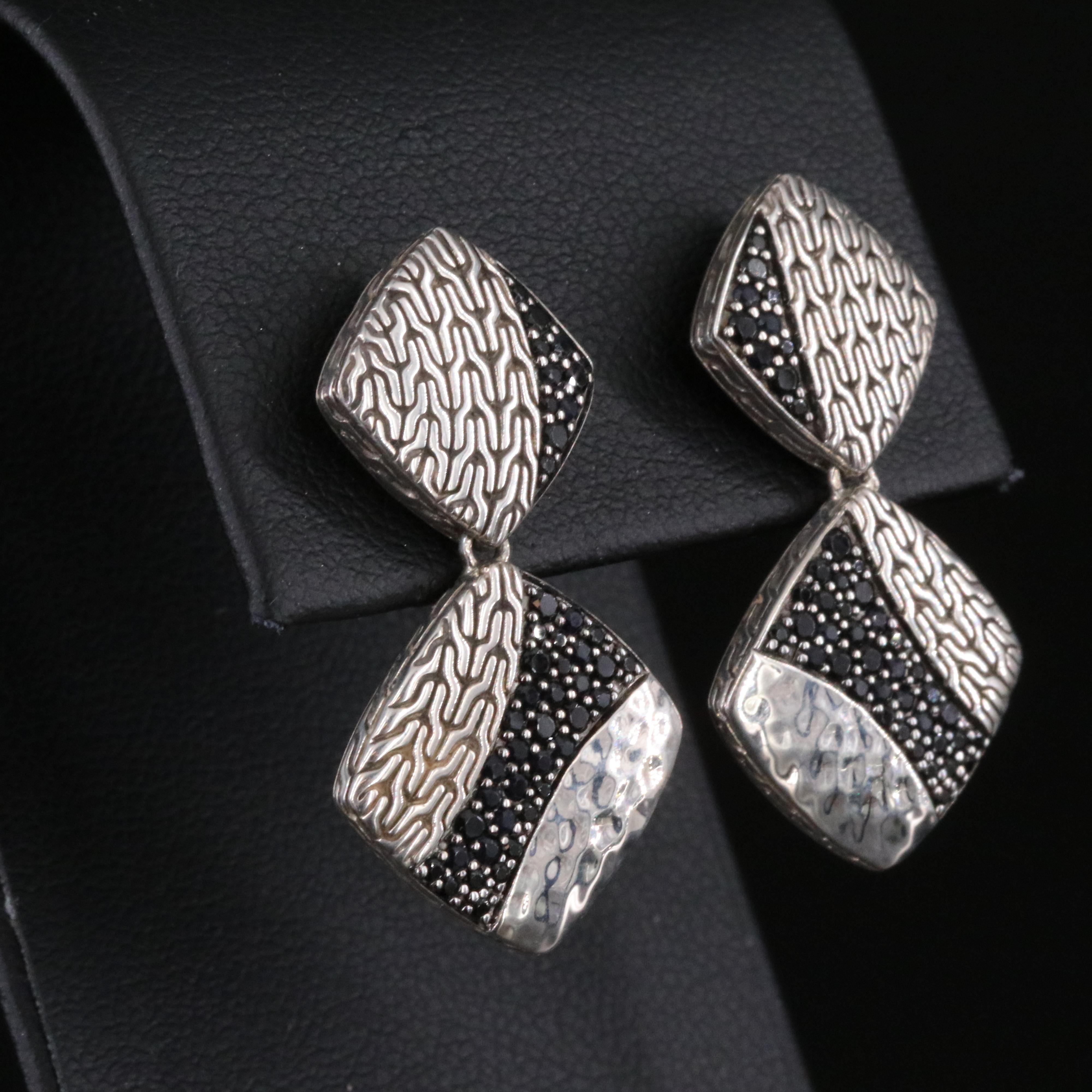 John Hardy Sterling and Black Sapphire Classic Chain Hammered Drop Earrings