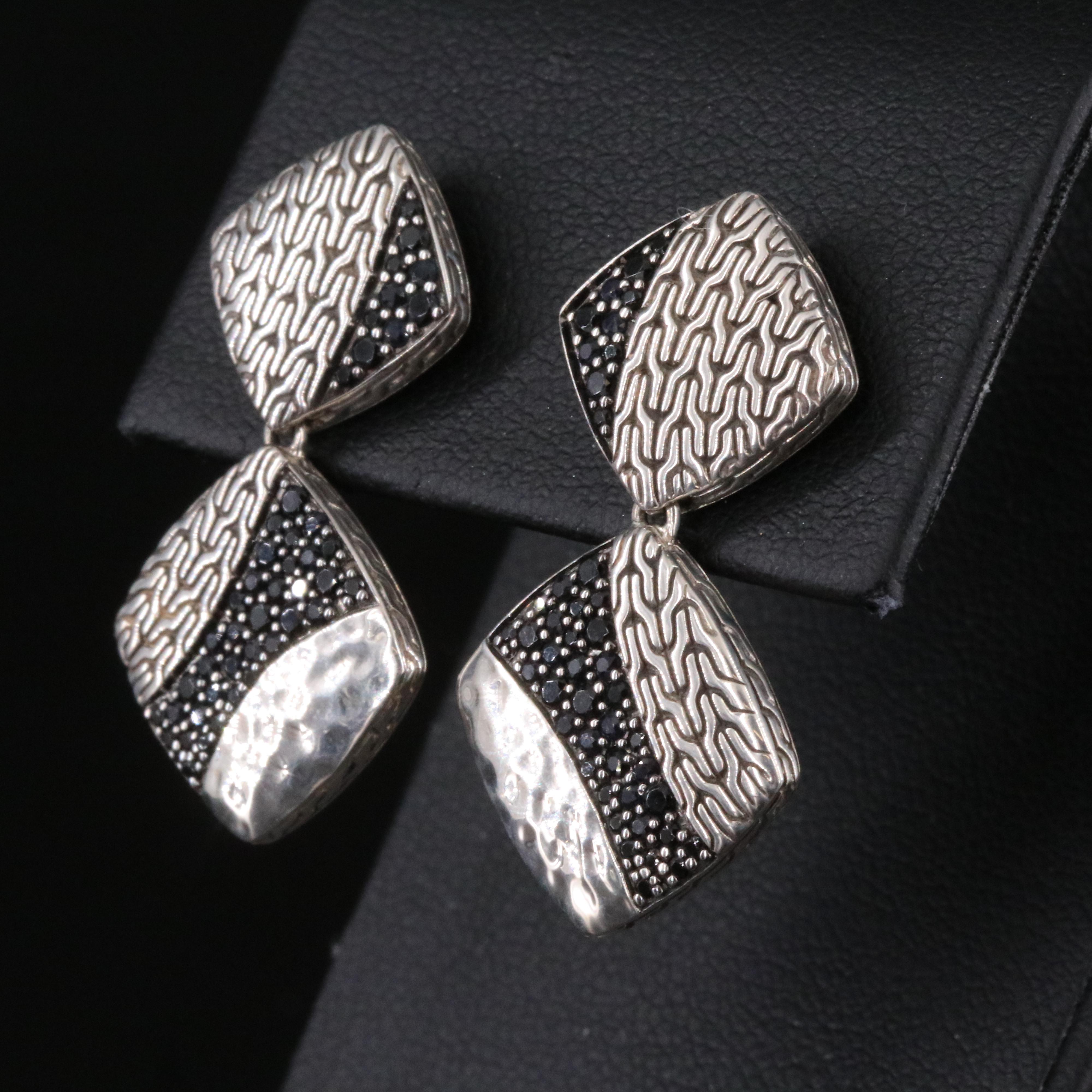 John Hardy Sterling and Black Sapphire Classic Chain Hammered Drop Earrings