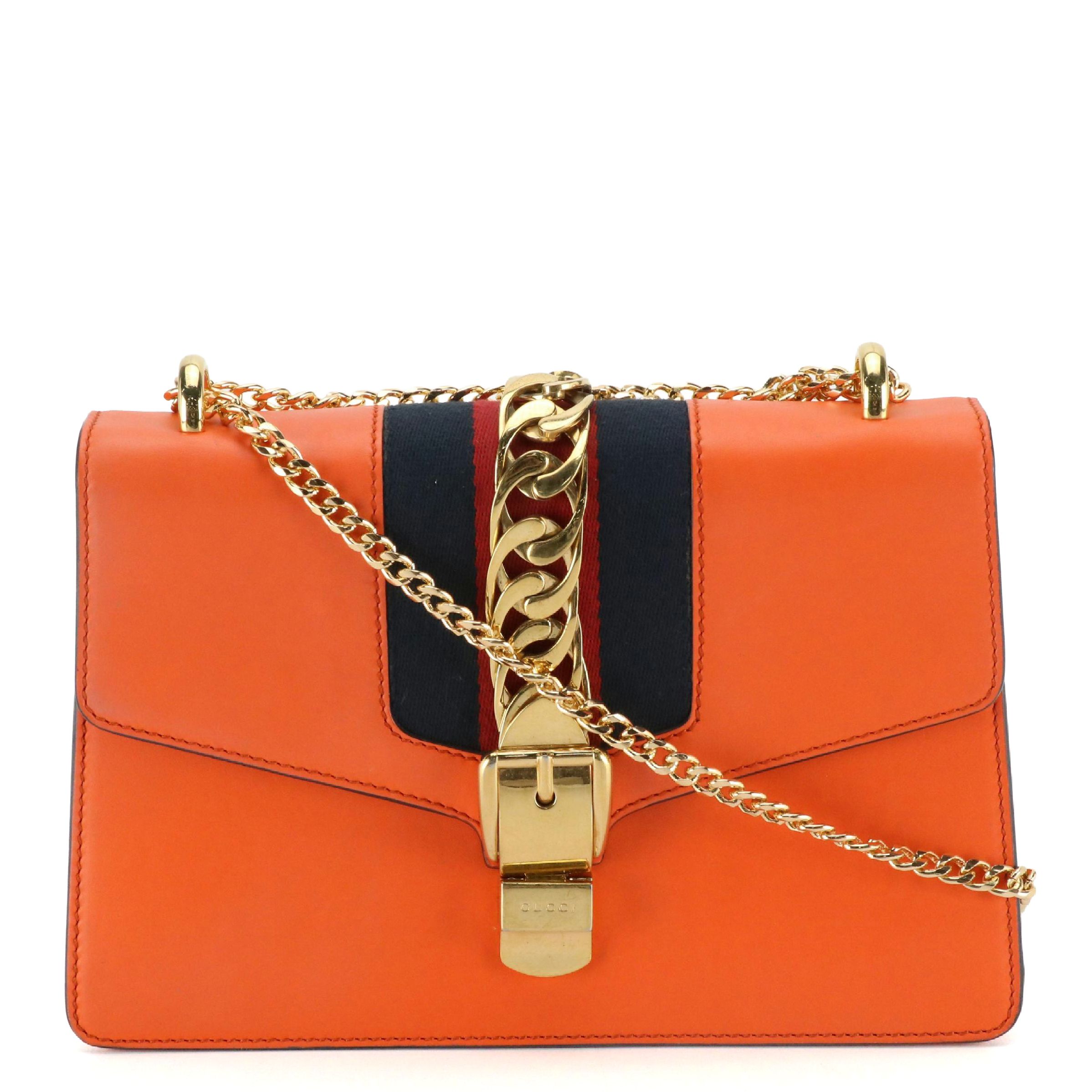 Gucci Orange Calfskin Leather and Web Medium Sylvie Shoulder Bag