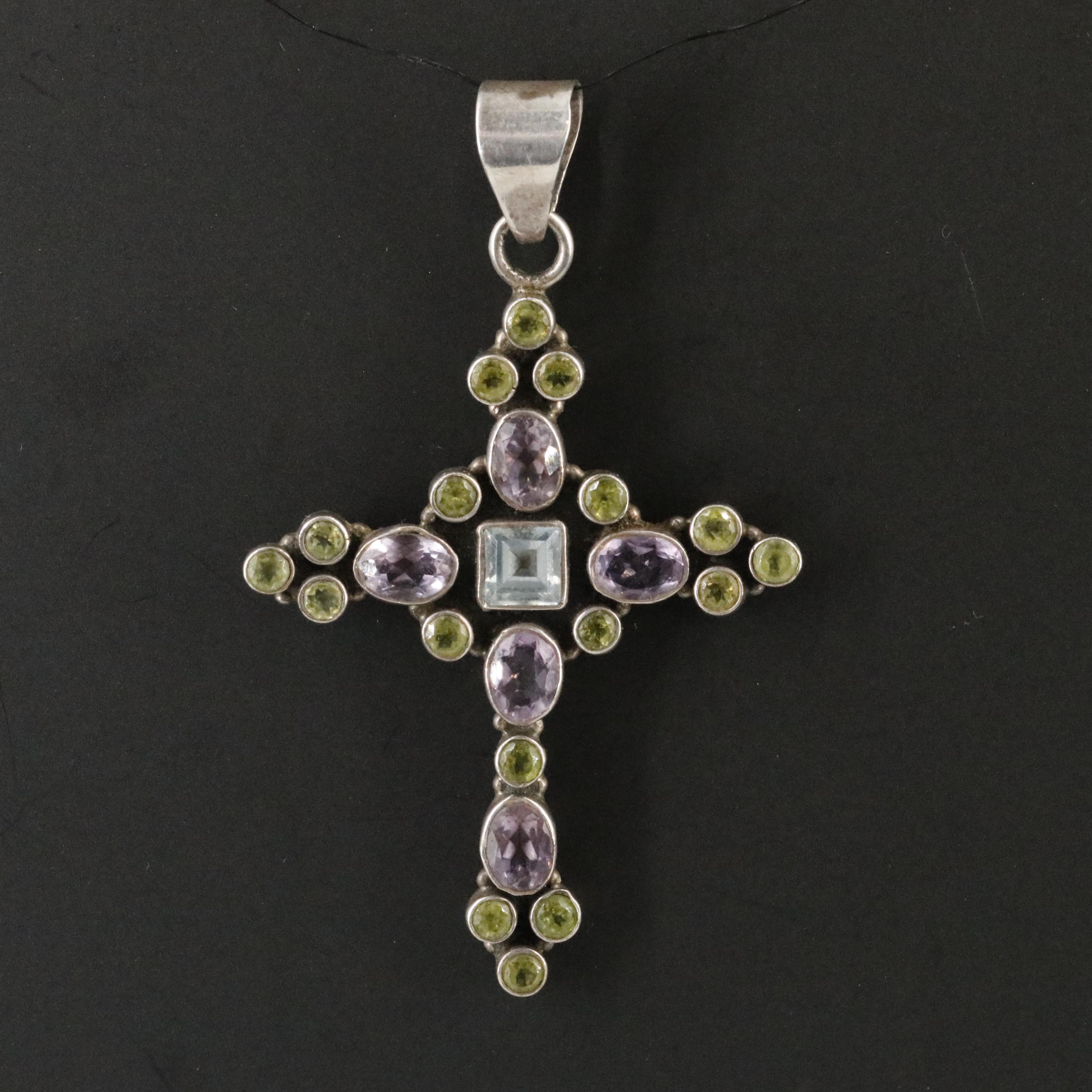 Sterling Blue Topaz, Amethyst and Peridot Cross Pendant