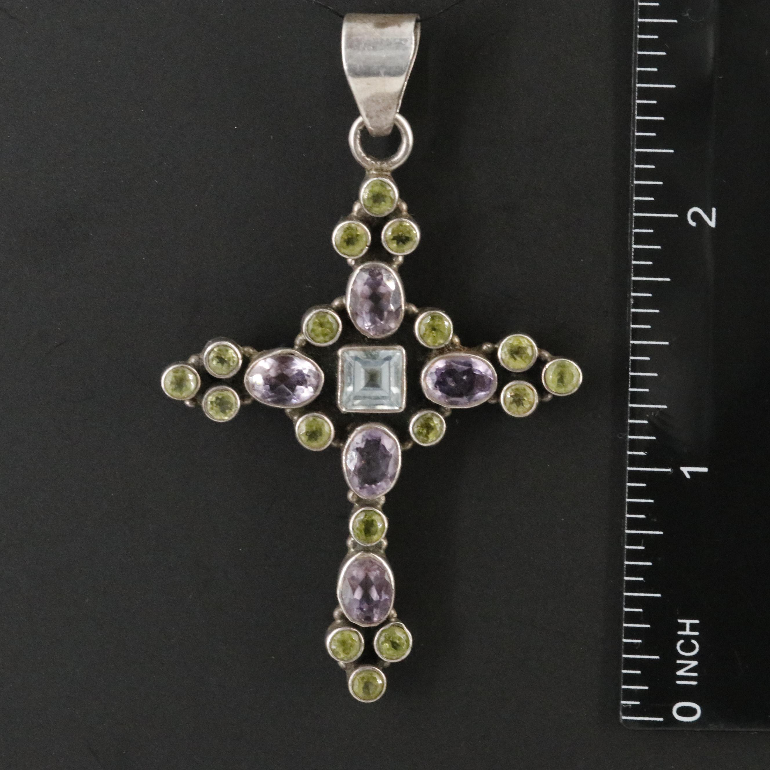 Sterling Blue Topaz, Amethyst and Peridot Cross Pendant