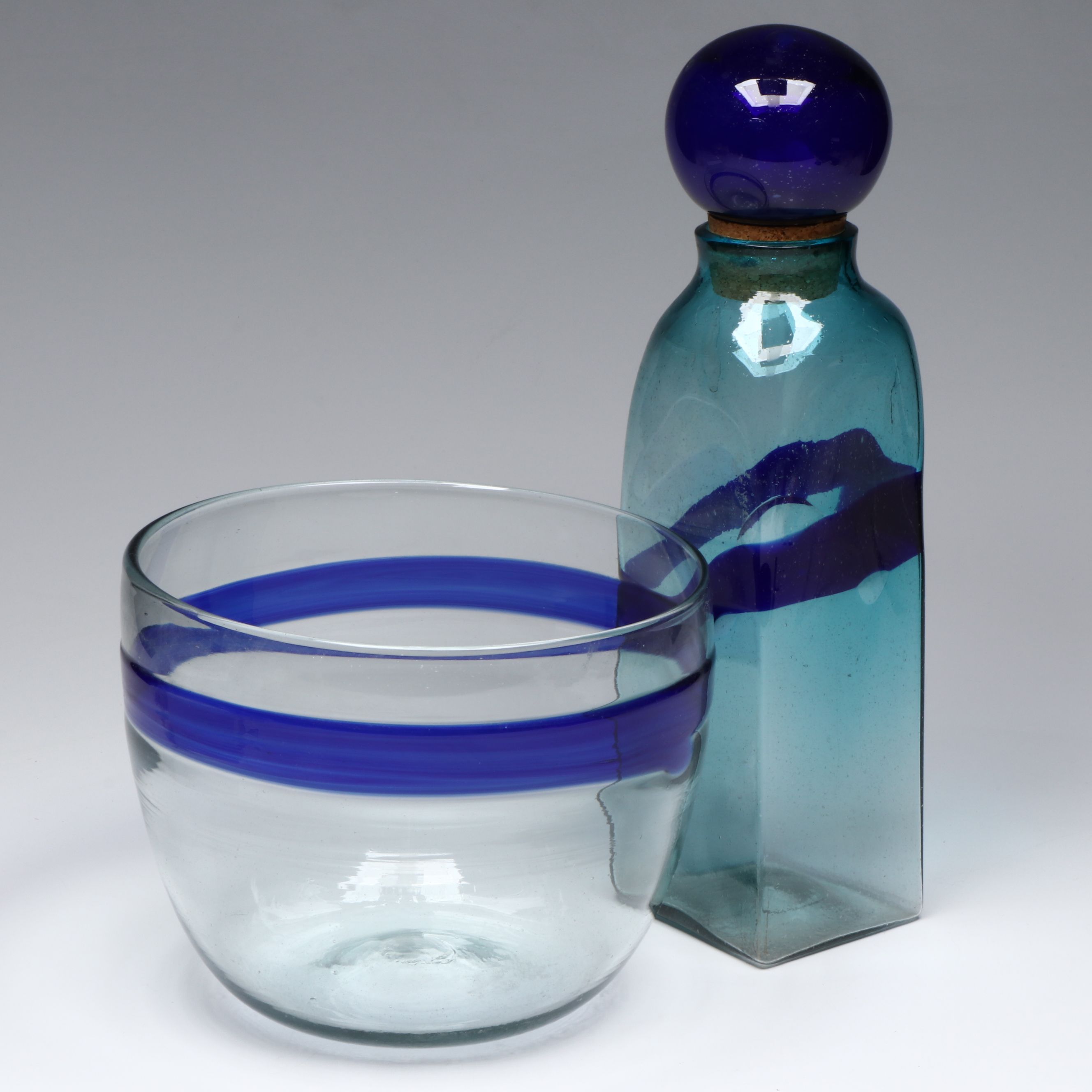 MCM Style Blown Art Glass Bottle and Centerpiece Bowl