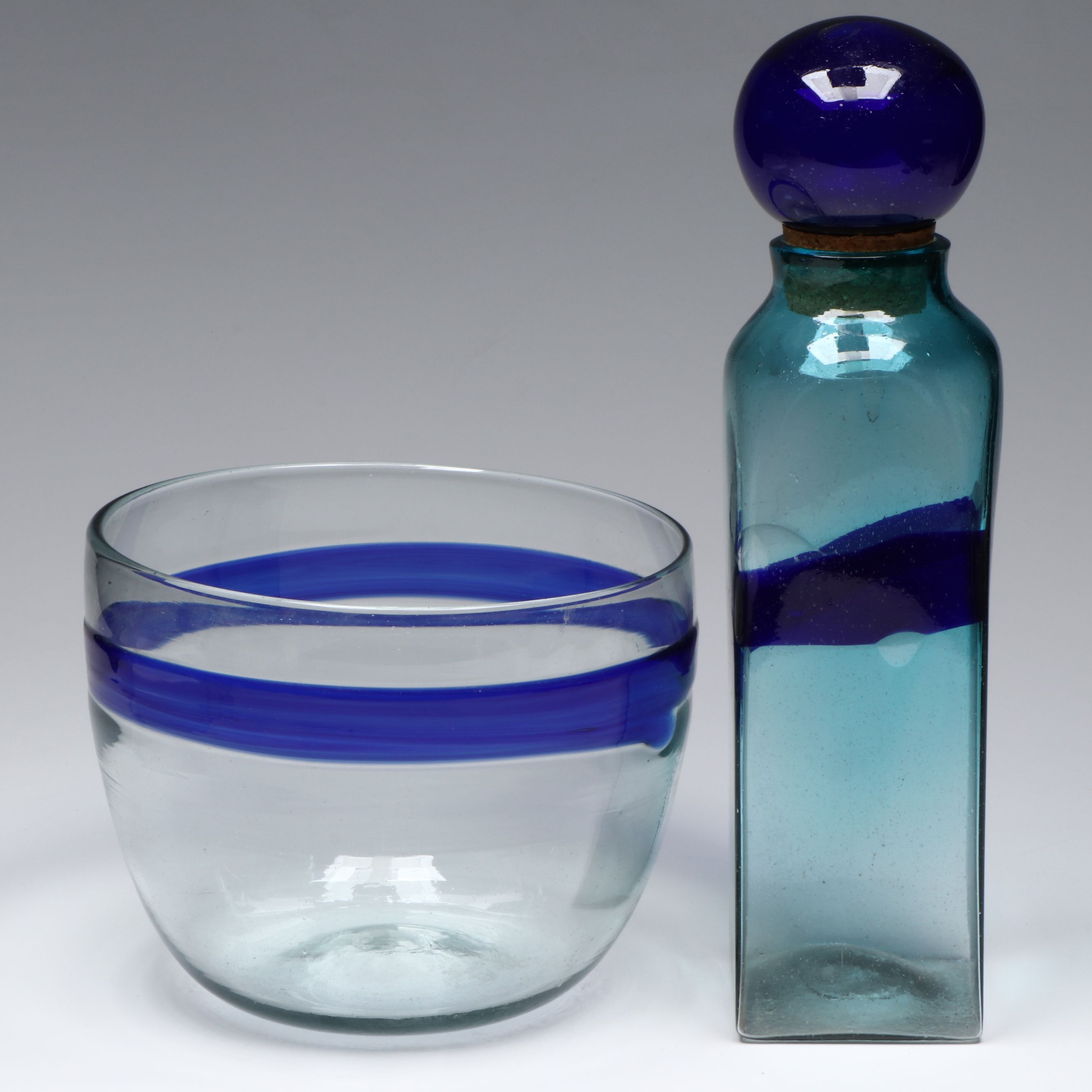 MCM Style Blown Art Glass Bottle and Centerpiece Bowl