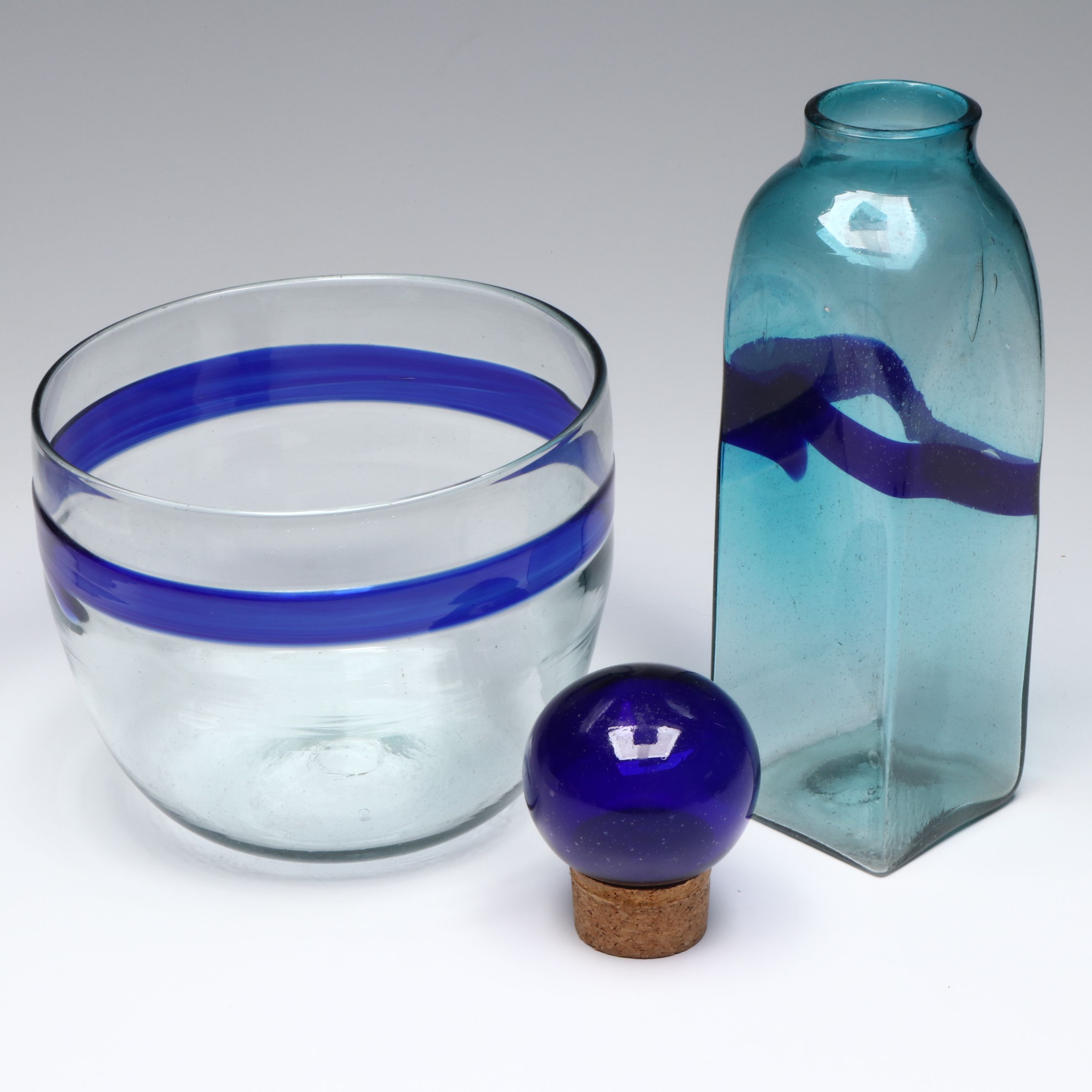 MCM Style Blown Art Glass Bottle and Centerpiece Bowl