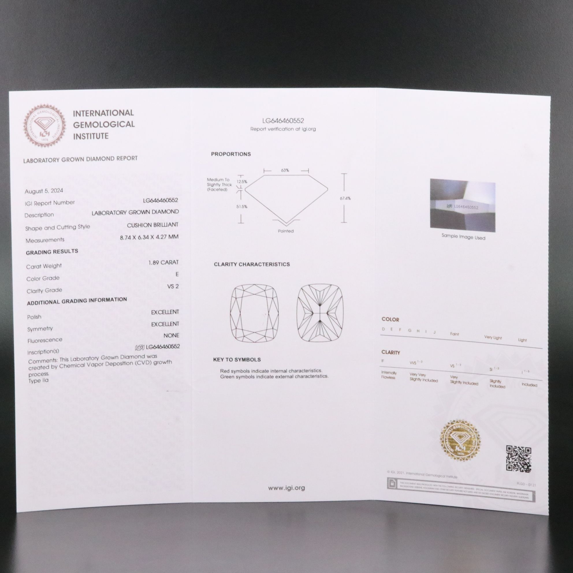 Loose 1.89 CT Lab Grown Diamond with IGI Report