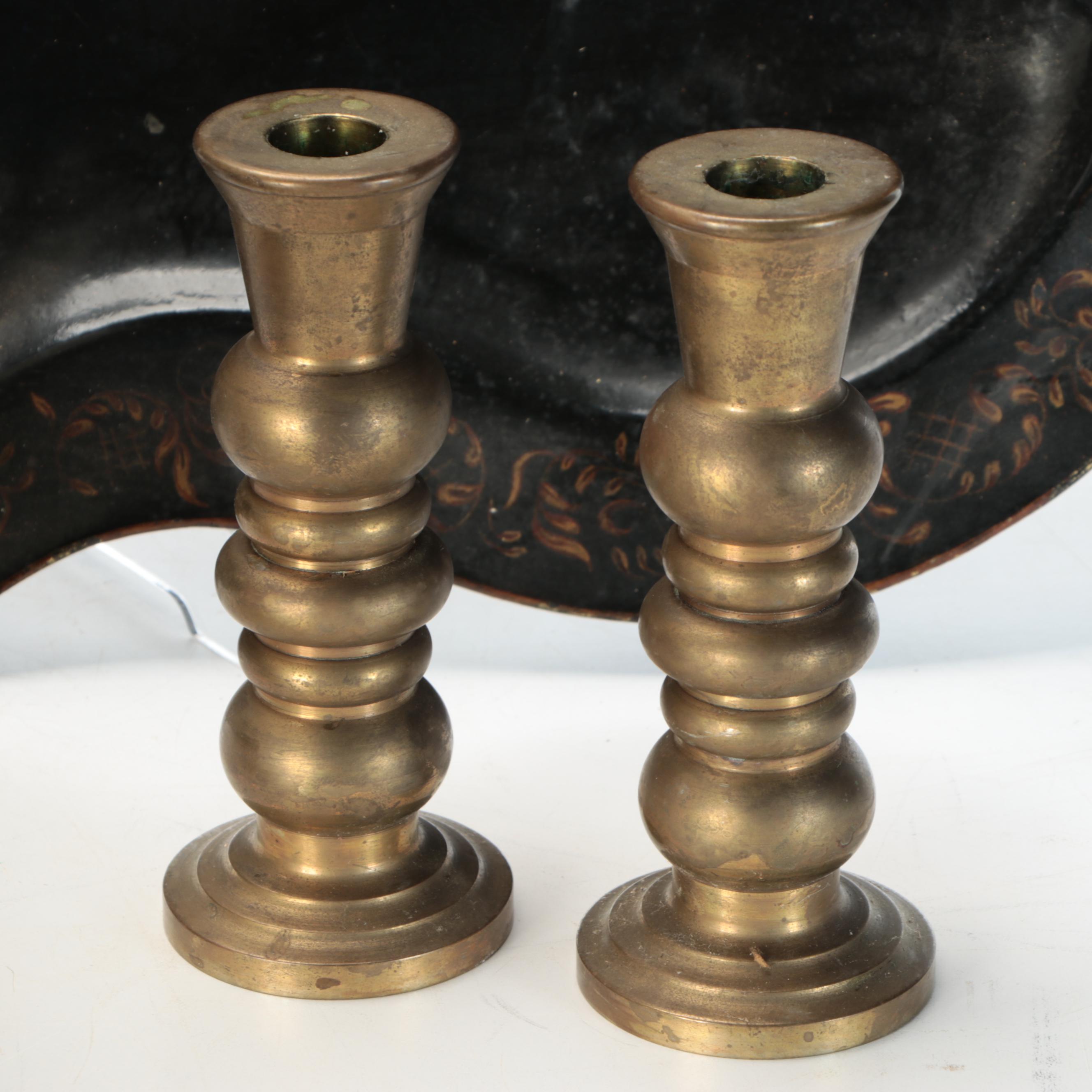 Converted Brass Oil Lamp and Candlesticks with Hand-Painted Tole Tray
