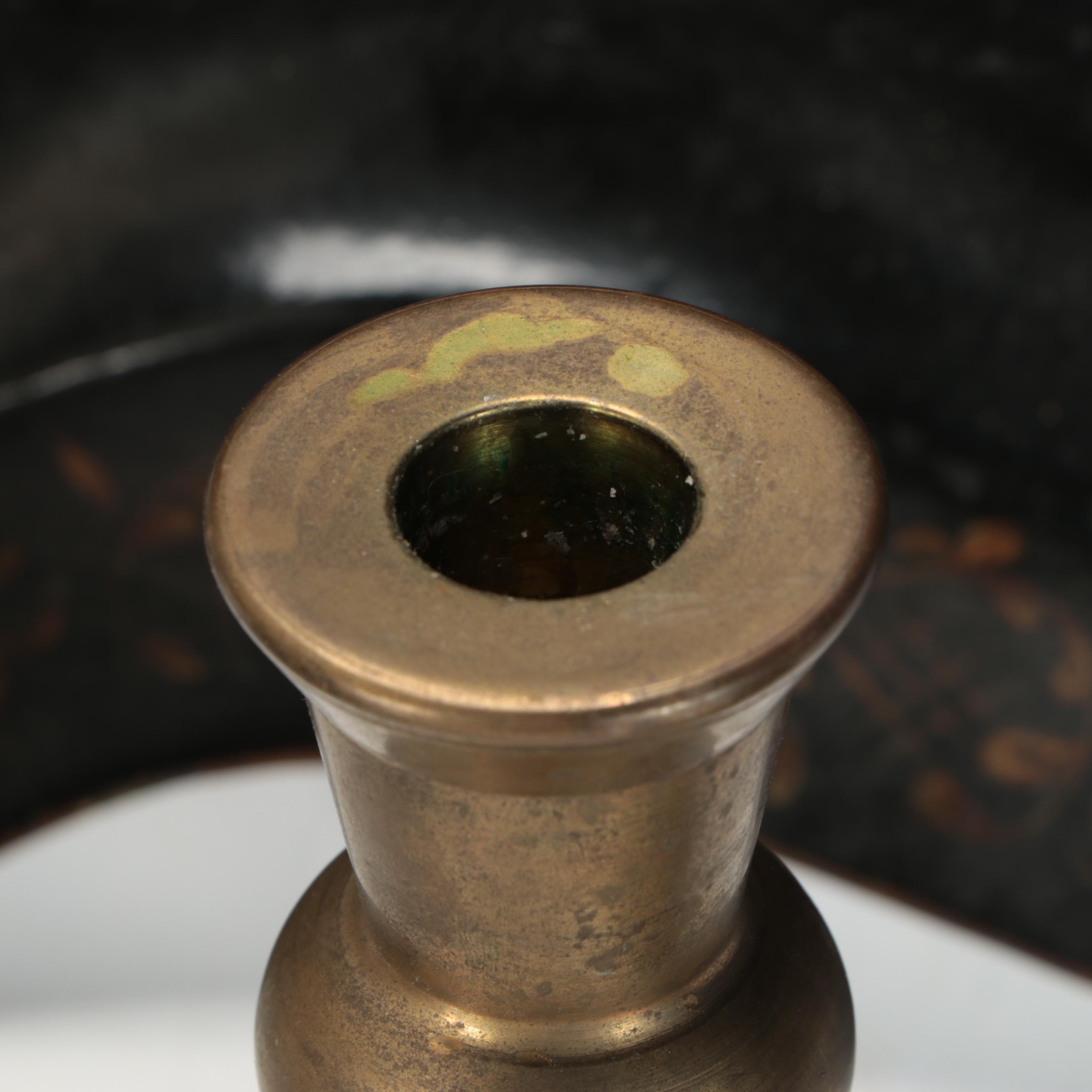 Converted Brass Oil Lamp and Candlesticks with Hand-Painted Tole Tray