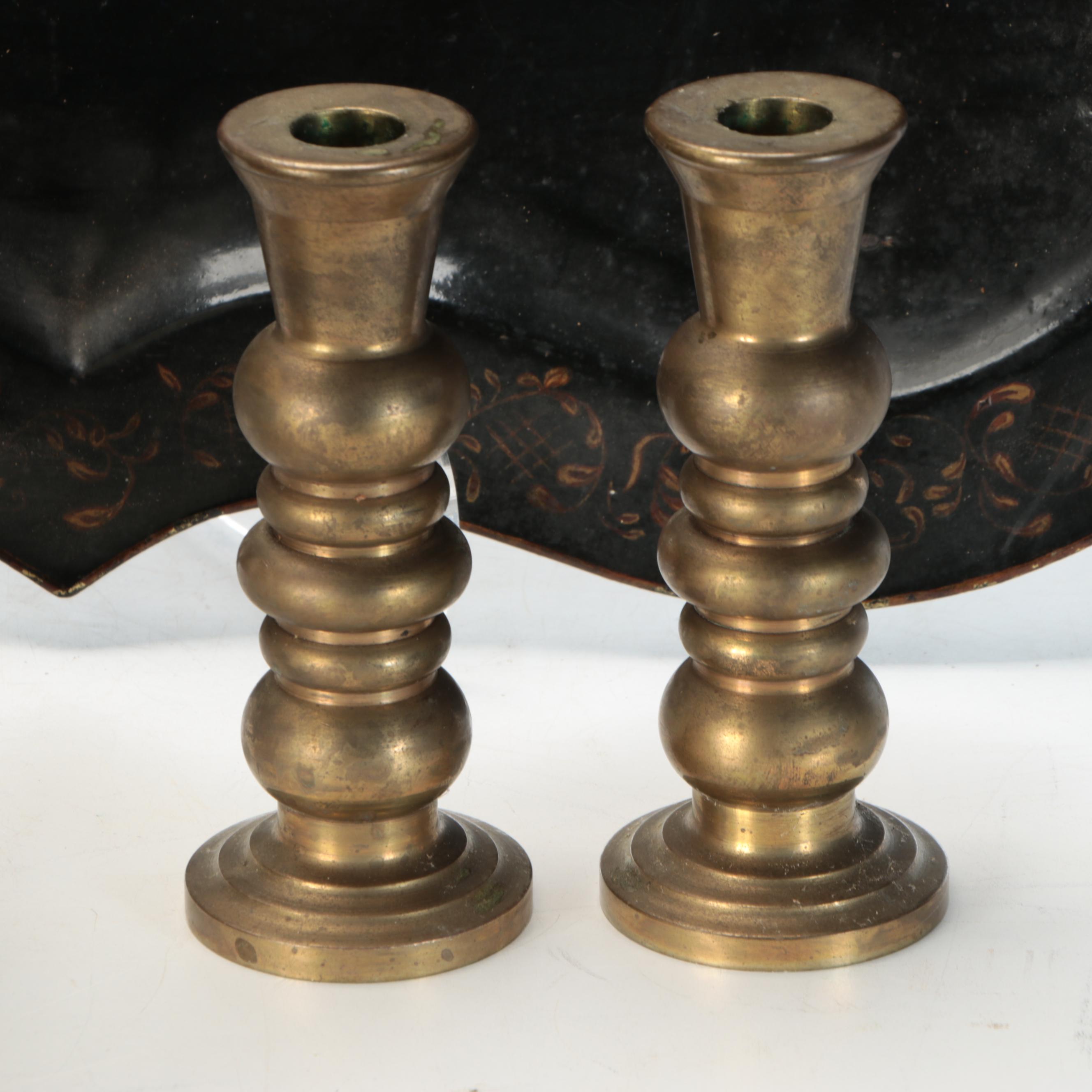 Converted Brass Oil Lamp and Candlesticks with Hand-Painted Tole Tray