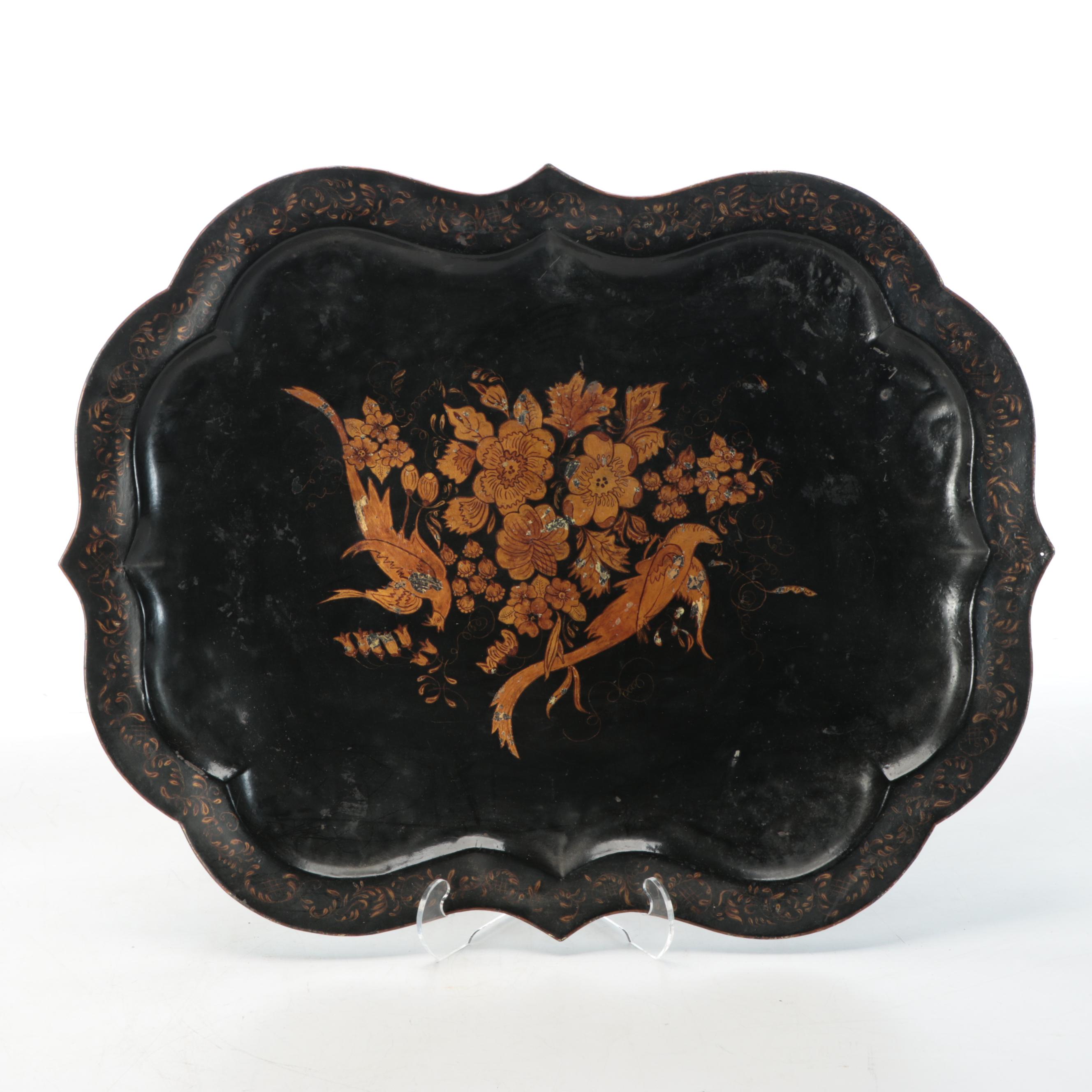 Converted Brass Oil Lamp and Candlesticks with Hand-Painted Tole Tray