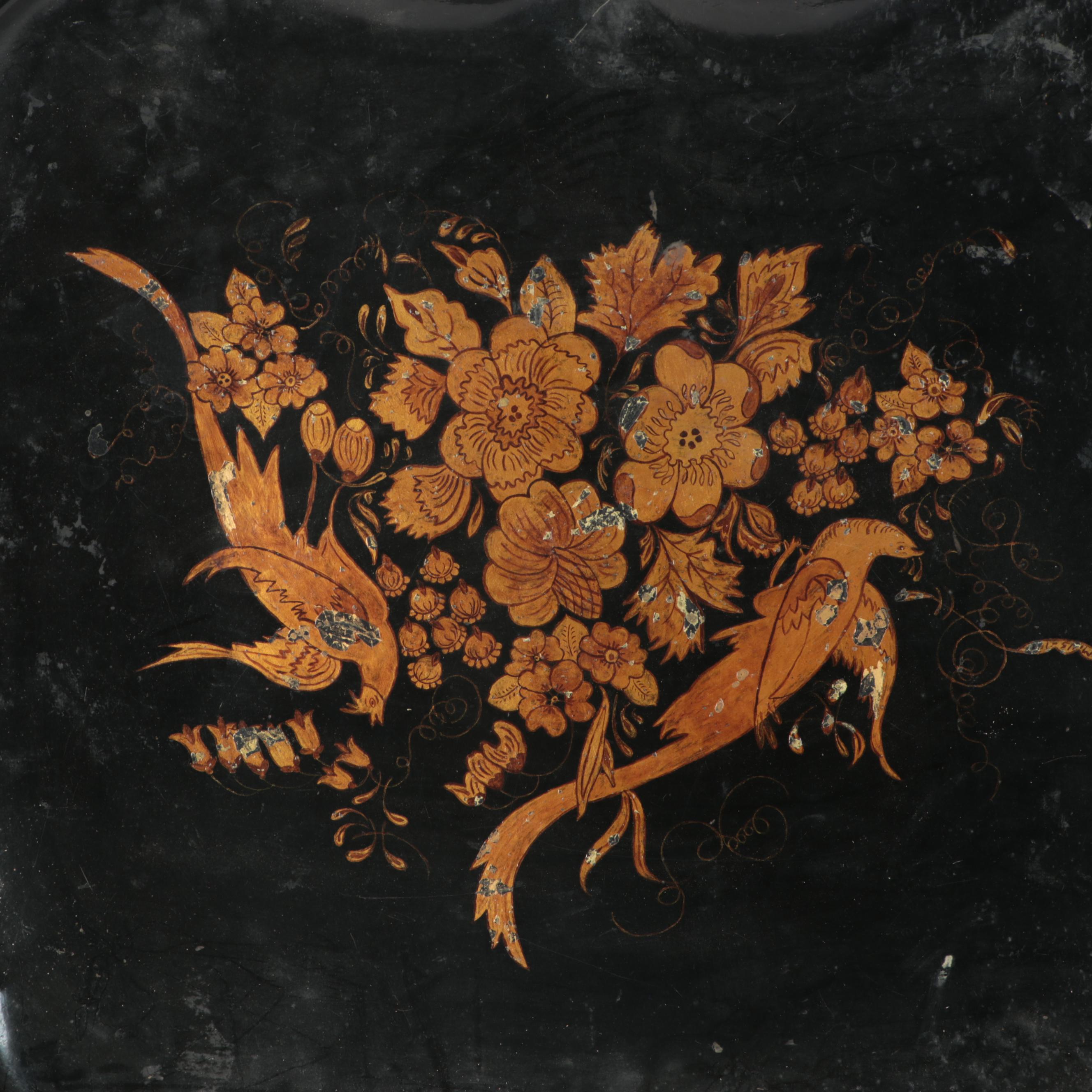 Converted Brass Oil Lamp and Candlesticks with Hand-Painted Tole Tray