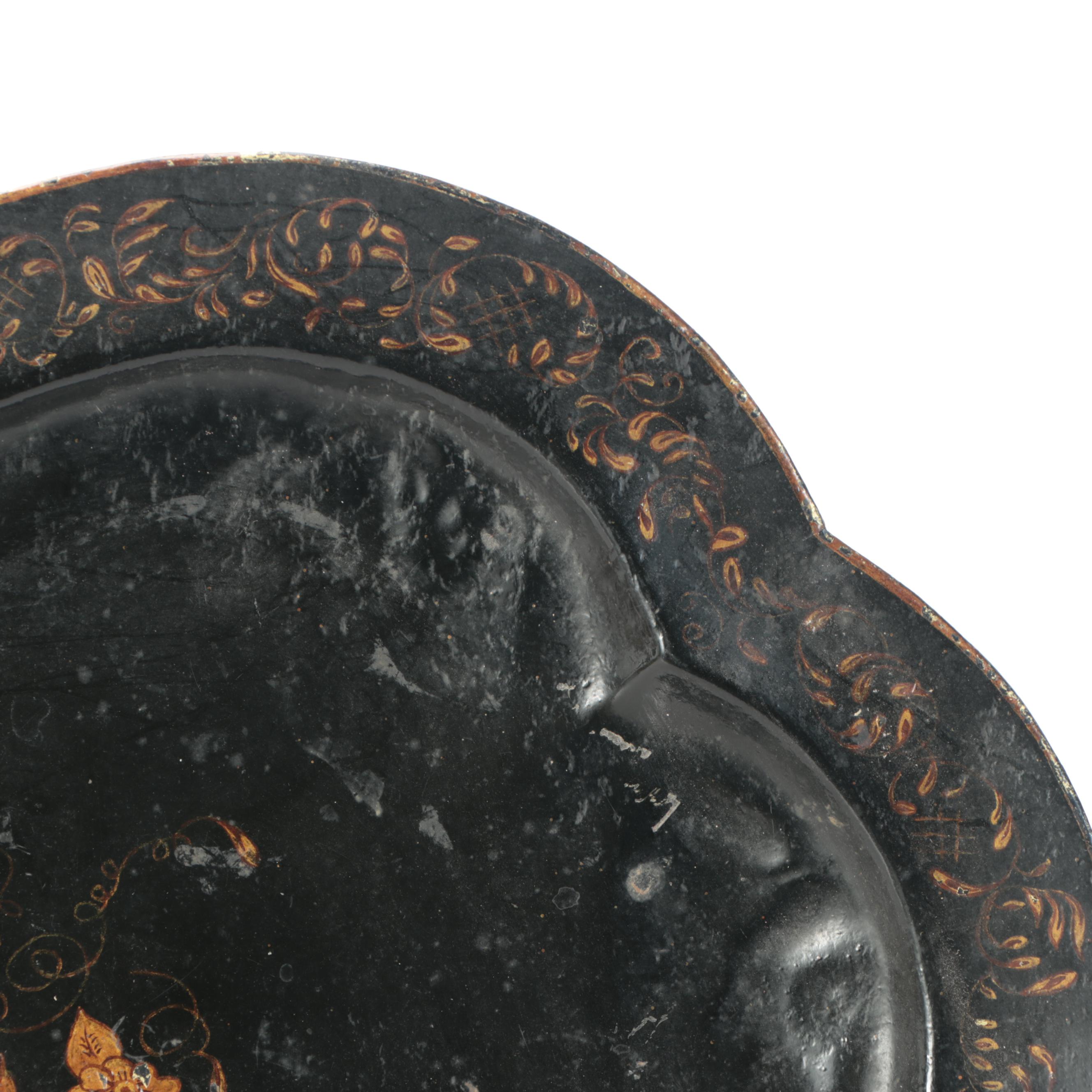 Converted Brass Oil Lamp and Candlesticks with Hand-Painted Tole Tray