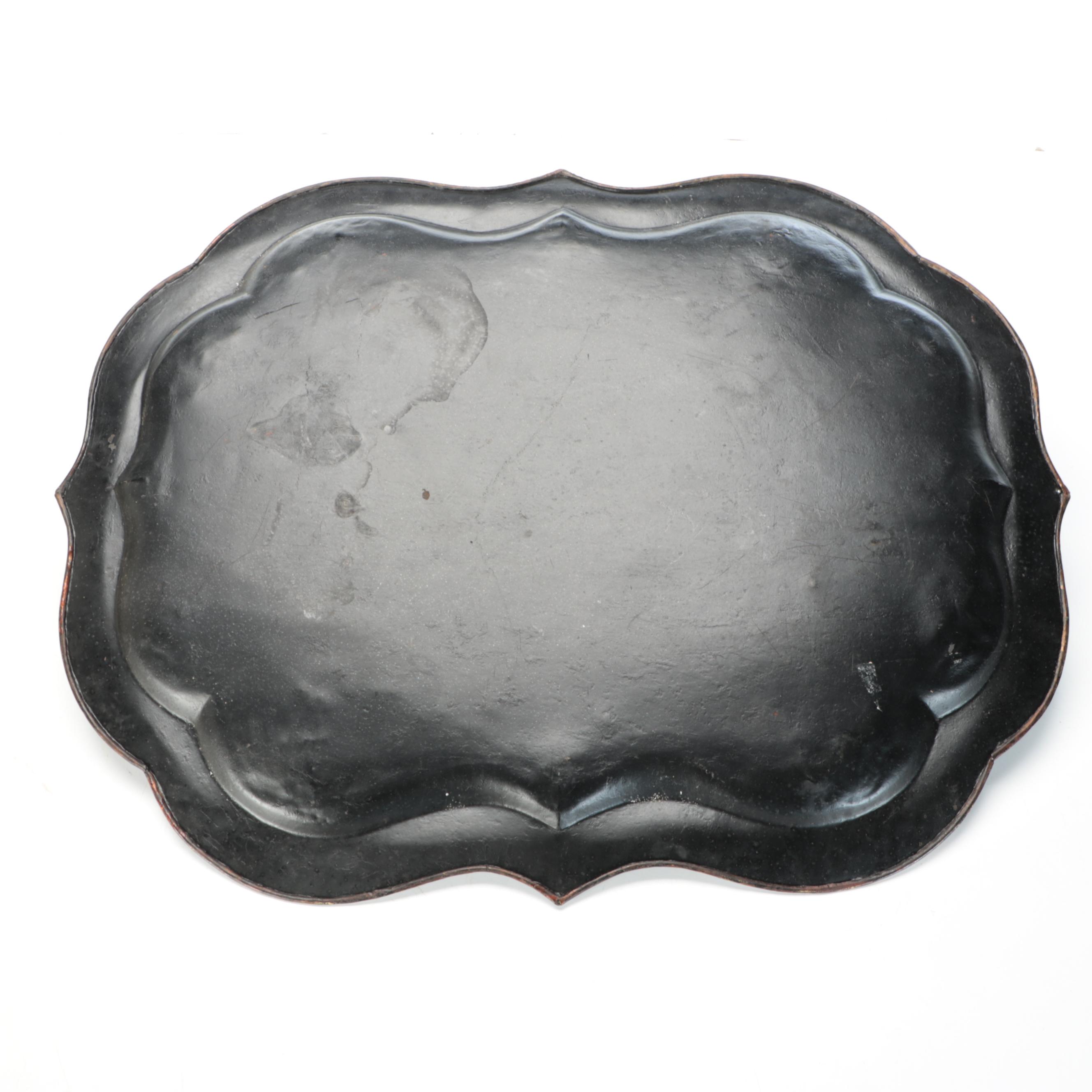 Converted Brass Oil Lamp and Candlesticks with Hand-Painted Tole Tray