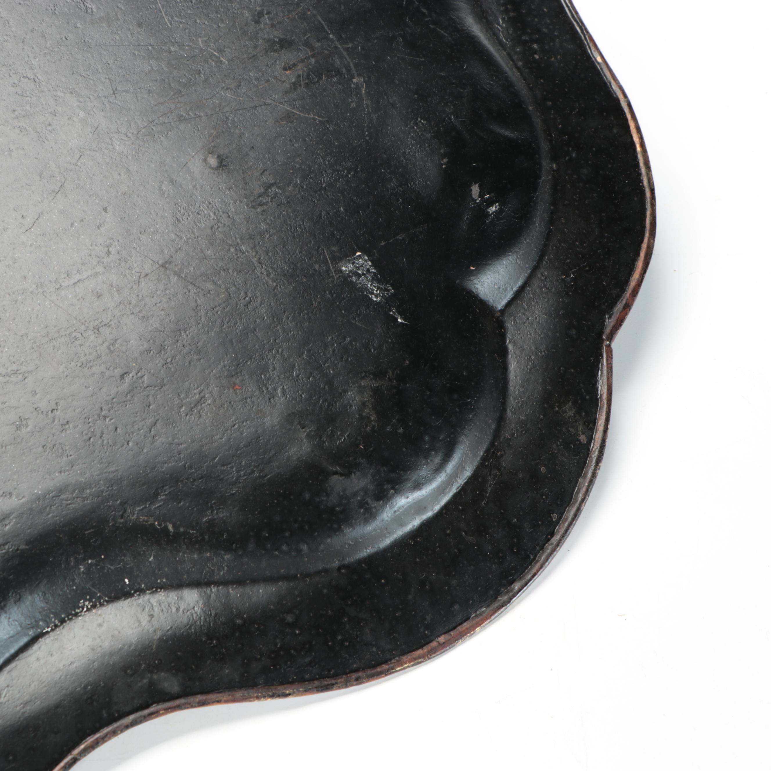 Converted Brass Oil Lamp and Candlesticks with Hand-Painted Tole Tray