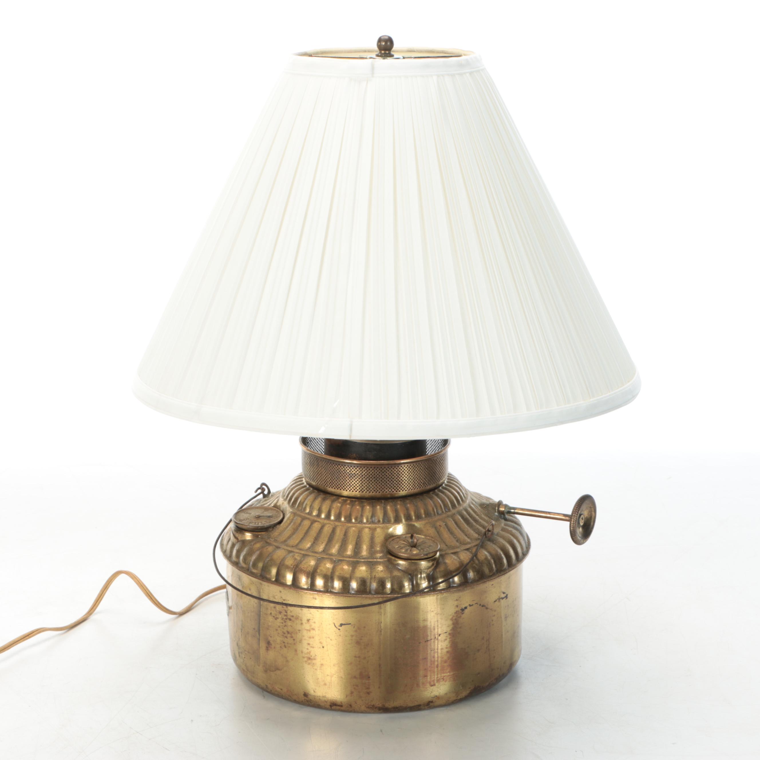 Converted Brass Oil Lamp and Candlesticks with Hand-Painted Tole Tray