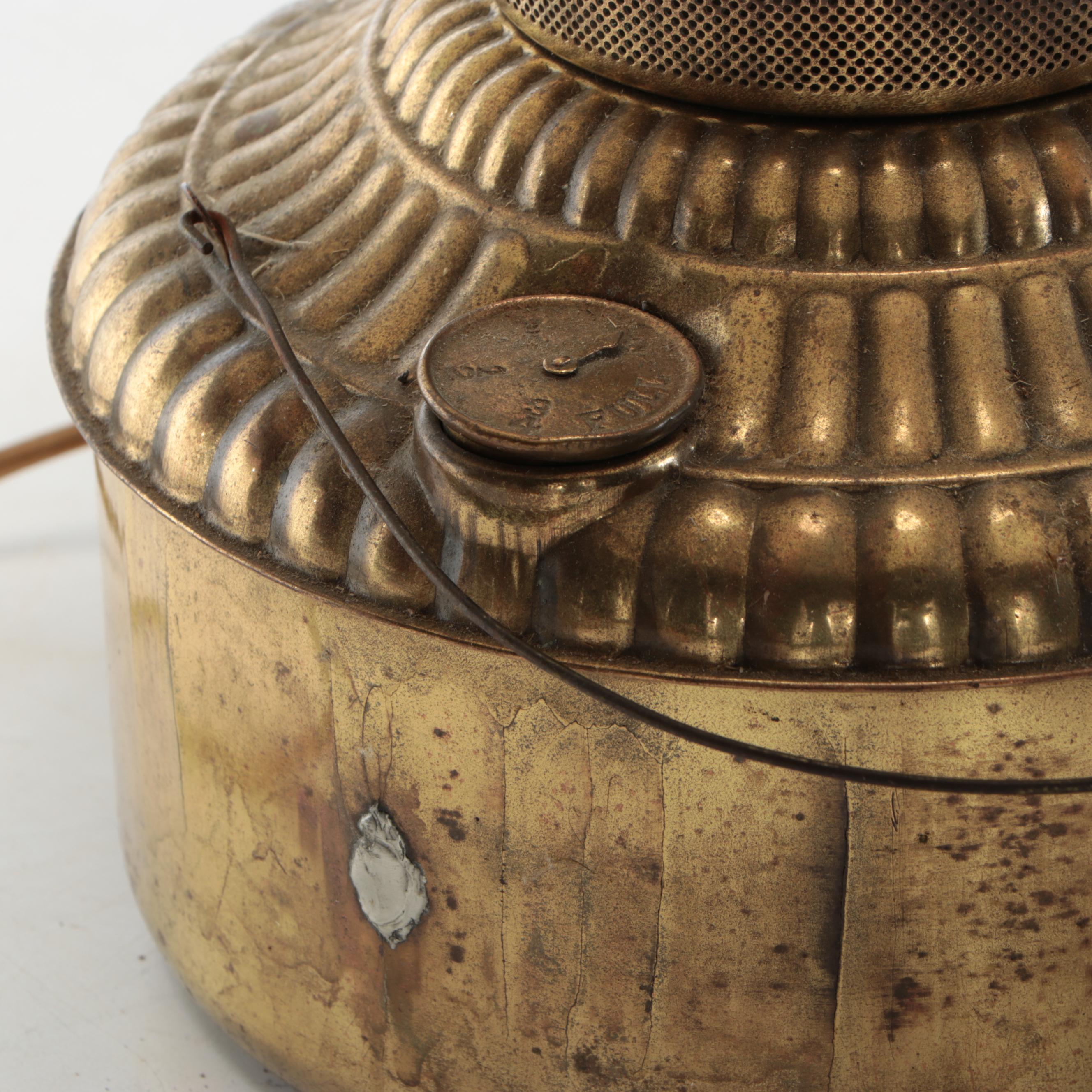 Converted Brass Oil Lamp and Candlesticks with Hand-Painted Tole Tray