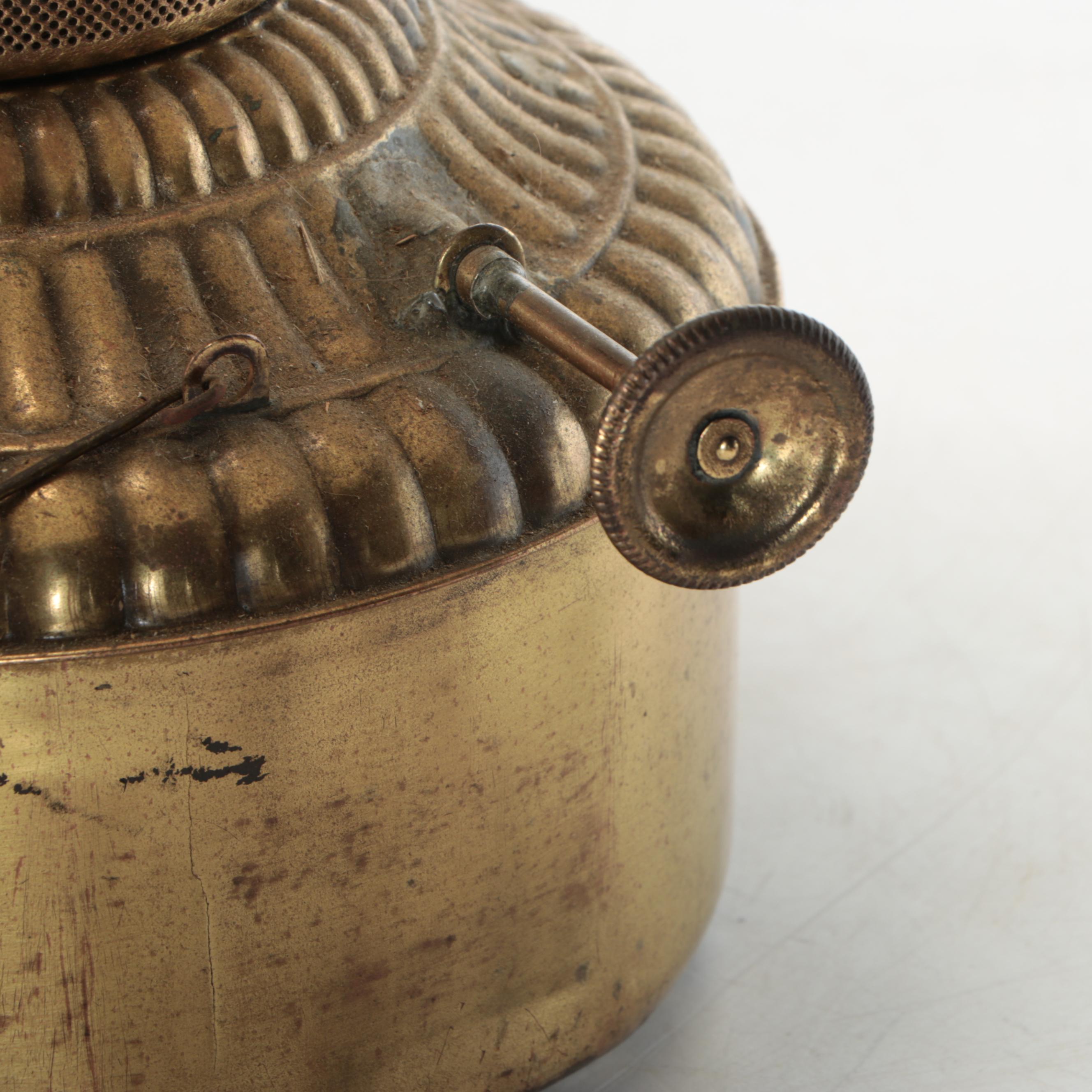 Converted Brass Oil Lamp and Candlesticks with Hand-Painted Tole Tray