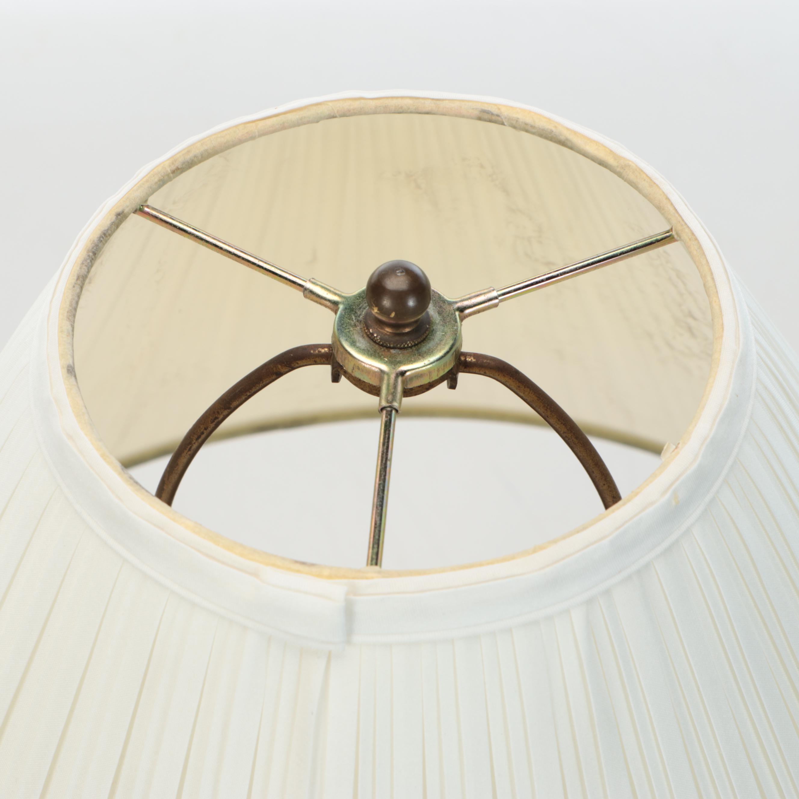 Converted Brass Oil Lamp and Candlesticks with Hand-Painted Tole Tray