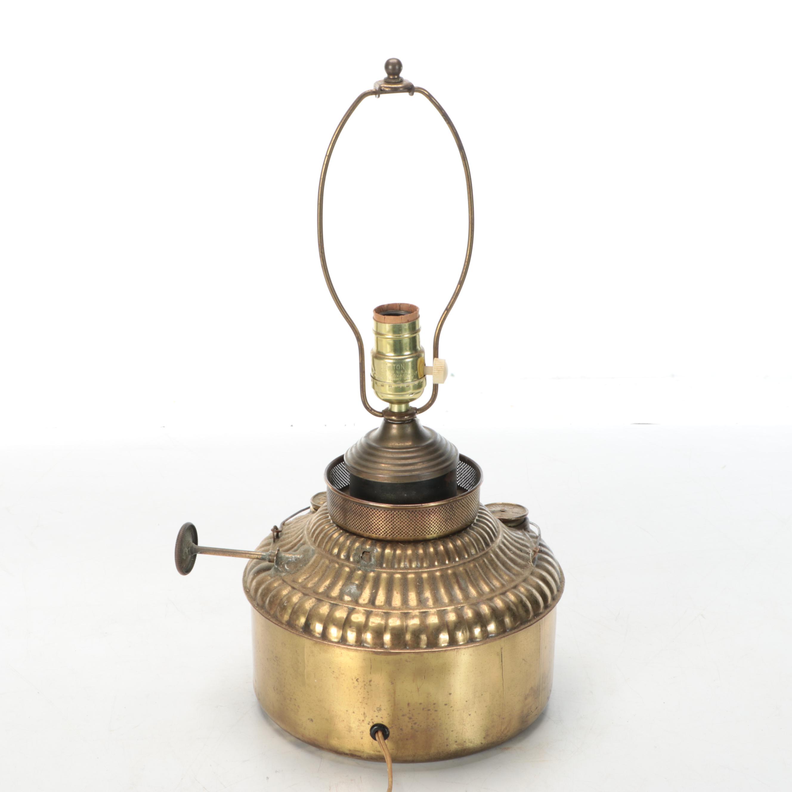 Converted Brass Oil Lamp and Candlesticks with Hand-Painted Tole Tray