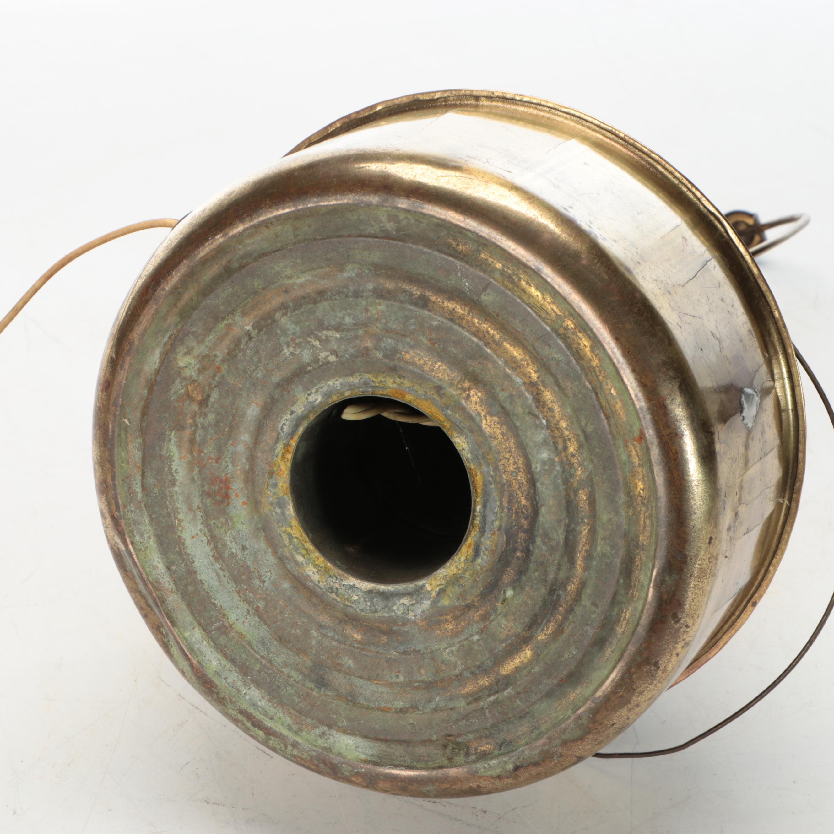 Converted Brass Oil Lamp and Candlesticks with Hand-Painted Tole Tray