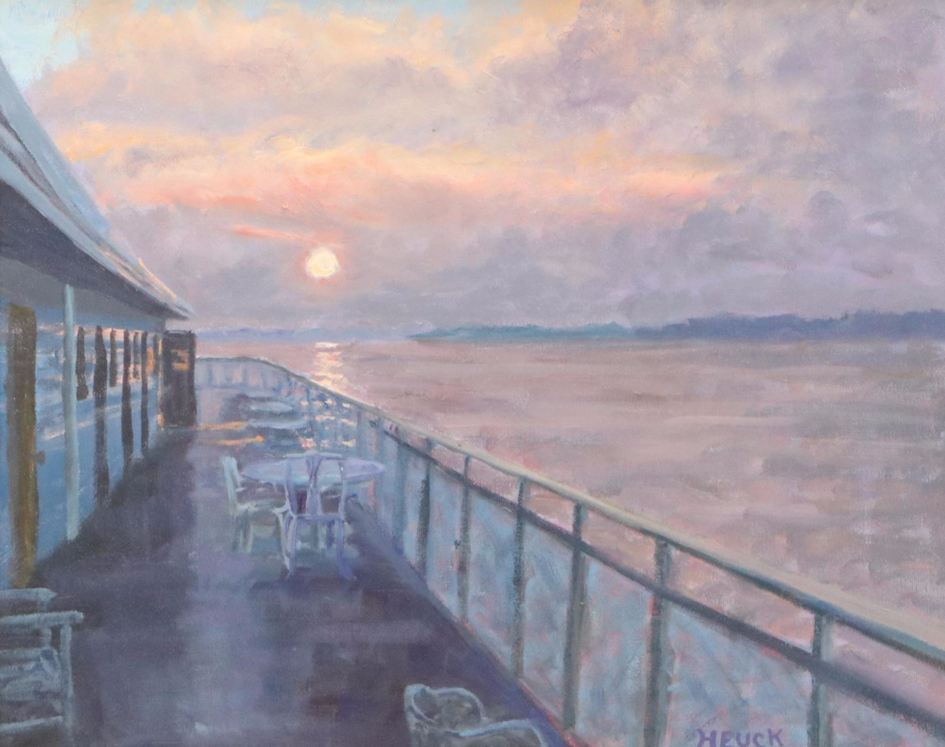 Roger Heuck Oil Painting "Delta Queen Sunset," Late 20th Century