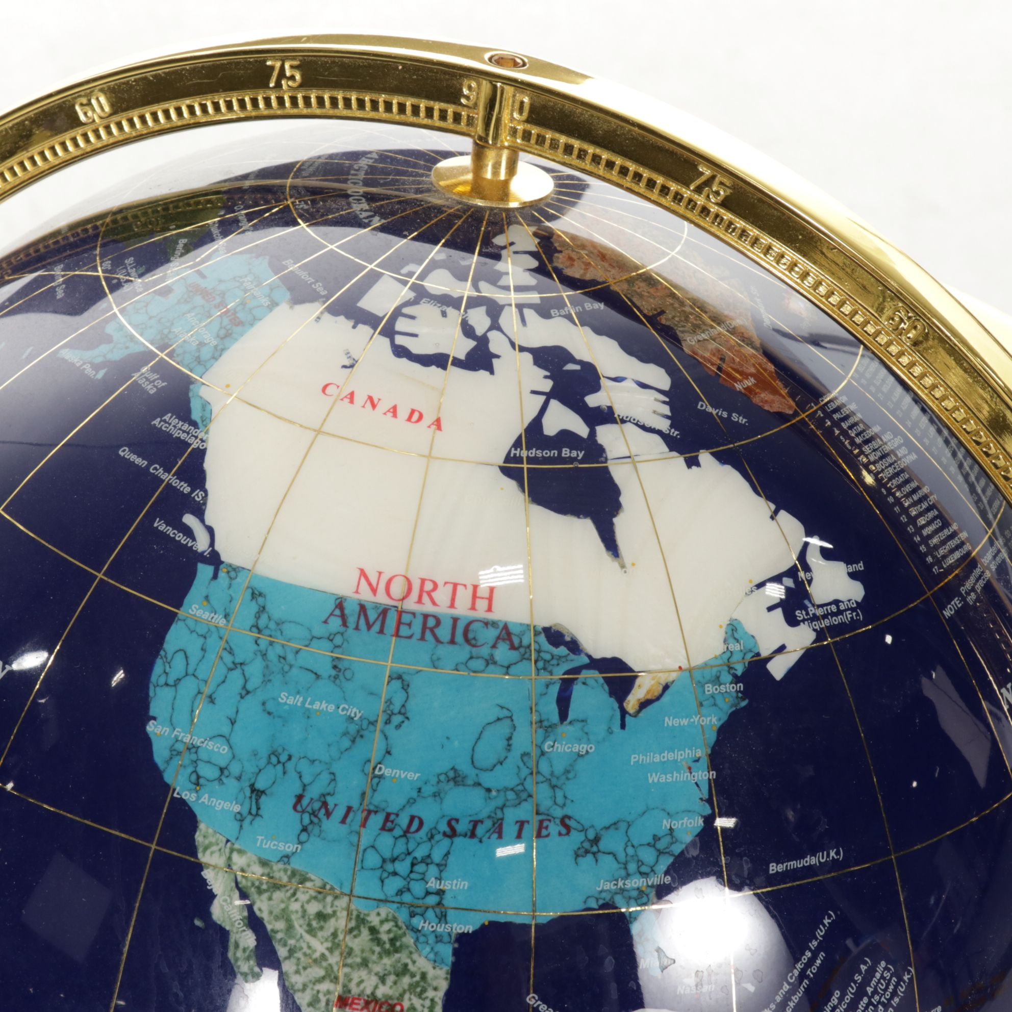 Stone and Resin Inlaid Decorative Globe on Brass-Toned Floor Stand