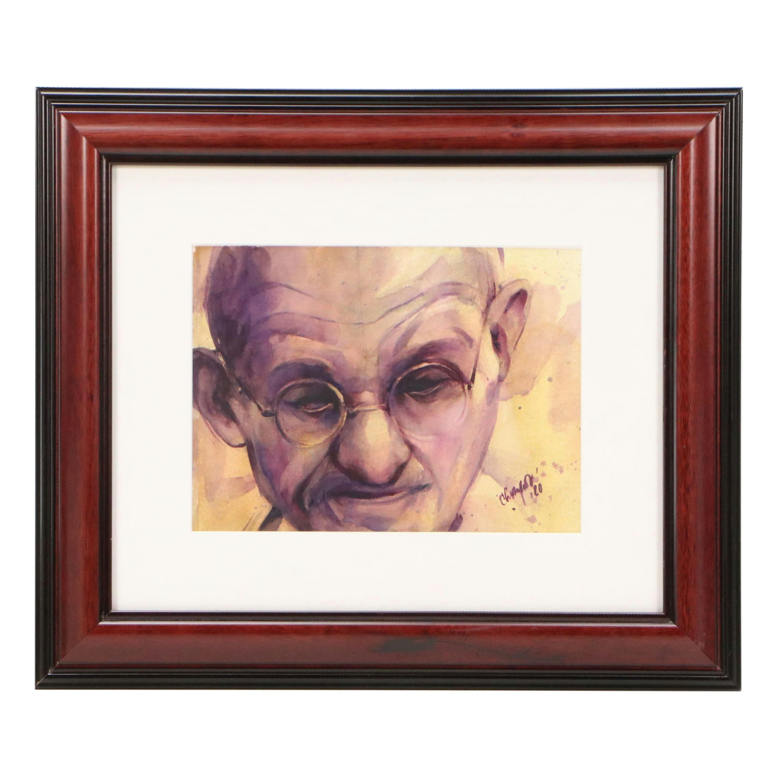 Chandan Pramanik Watercolor Painting "Gandhi Closeup," 2020
