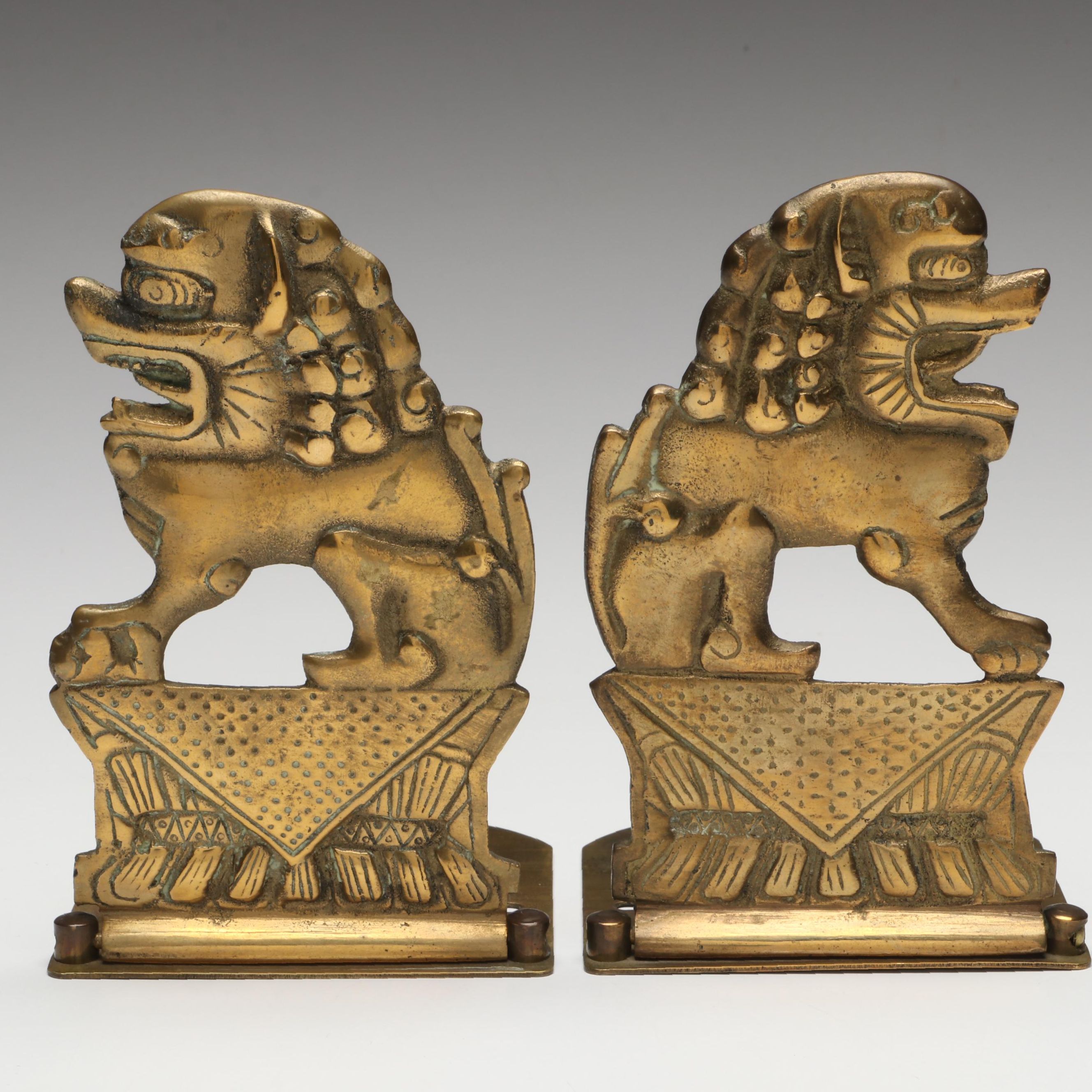 Chinese Cast Brass Guardian Lion Folding Bookends