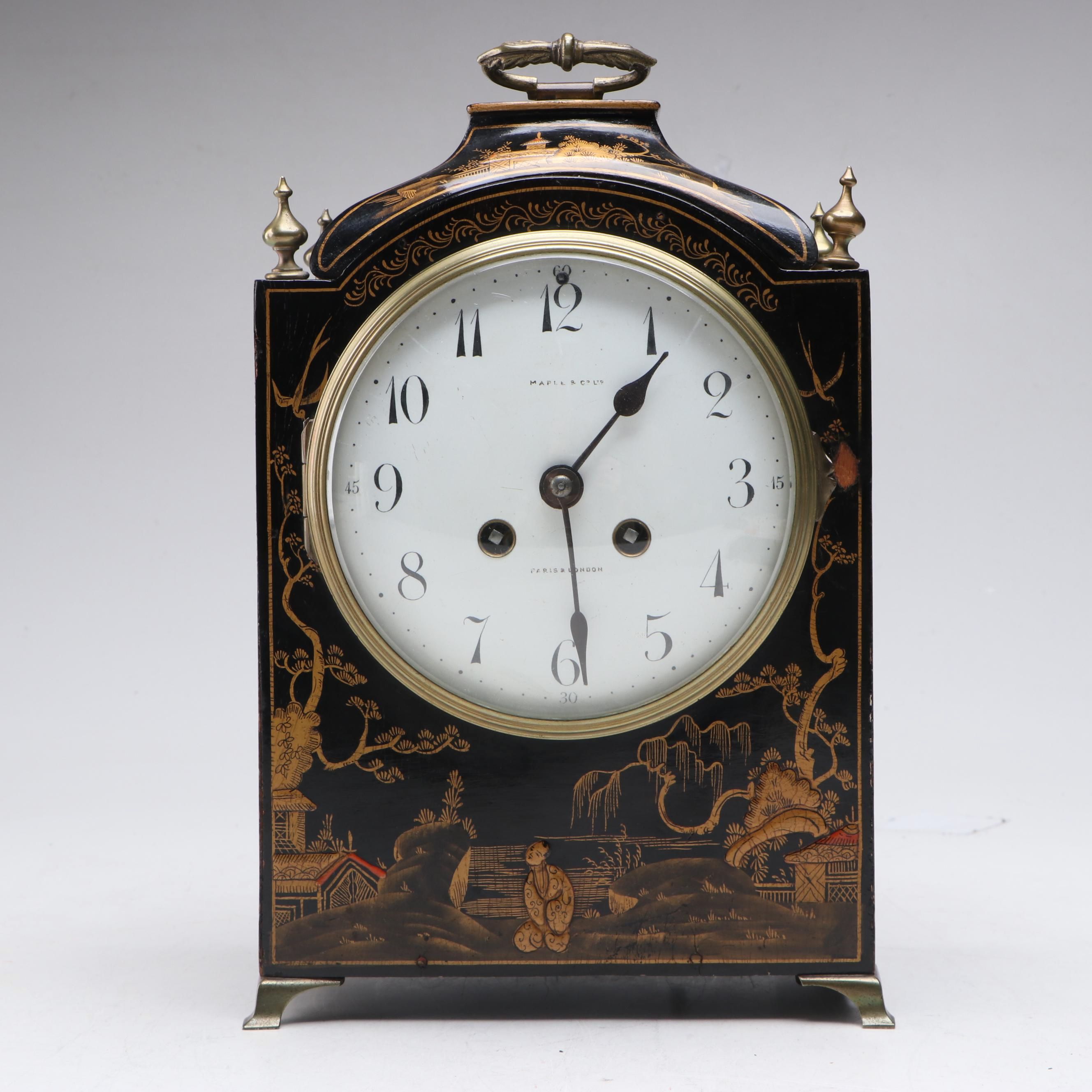 Victorian Chinoiserie Maple & Co. Wood Mantel Clock