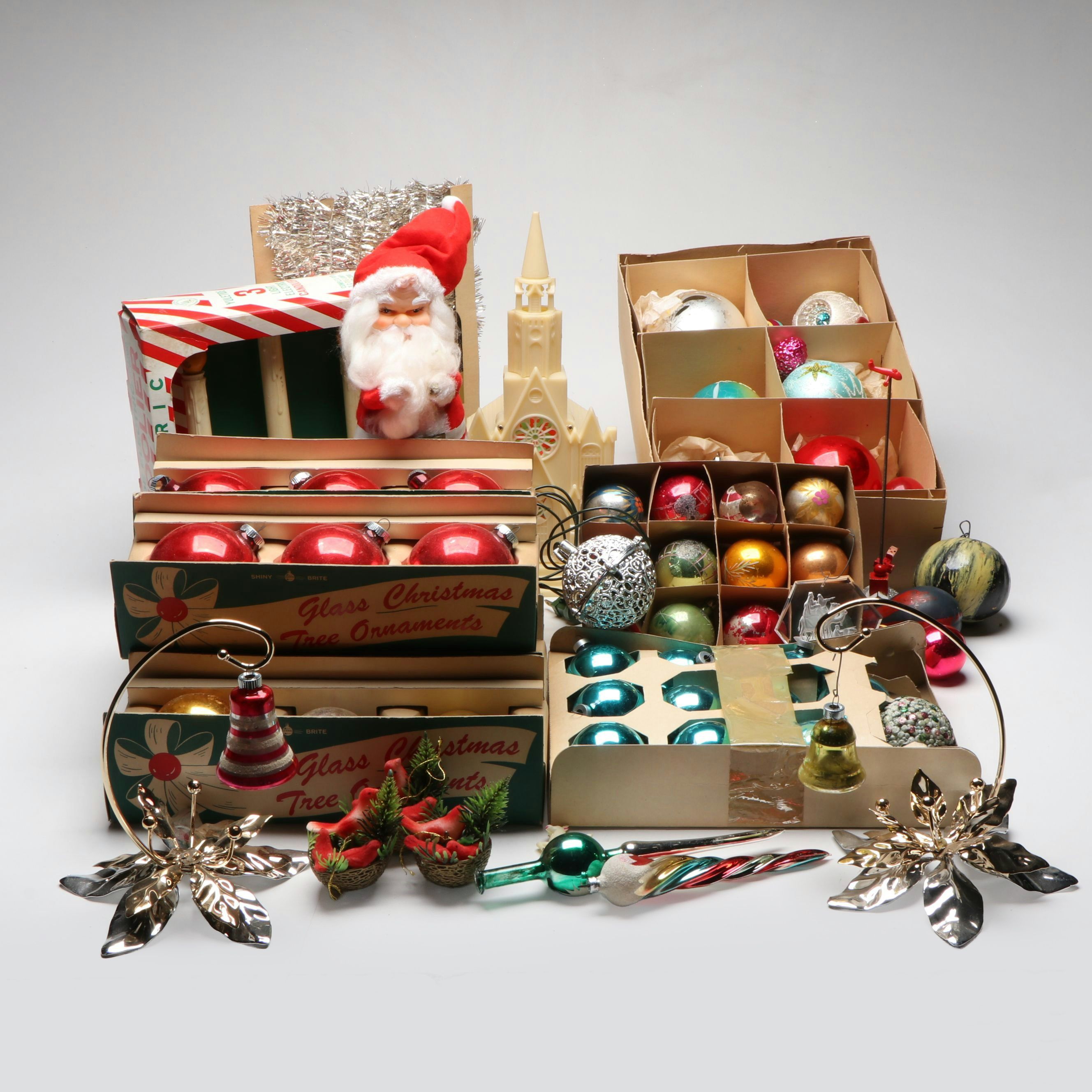 Shiny Brite Glass Ornaments with Santa Figure and More Christmas Décor