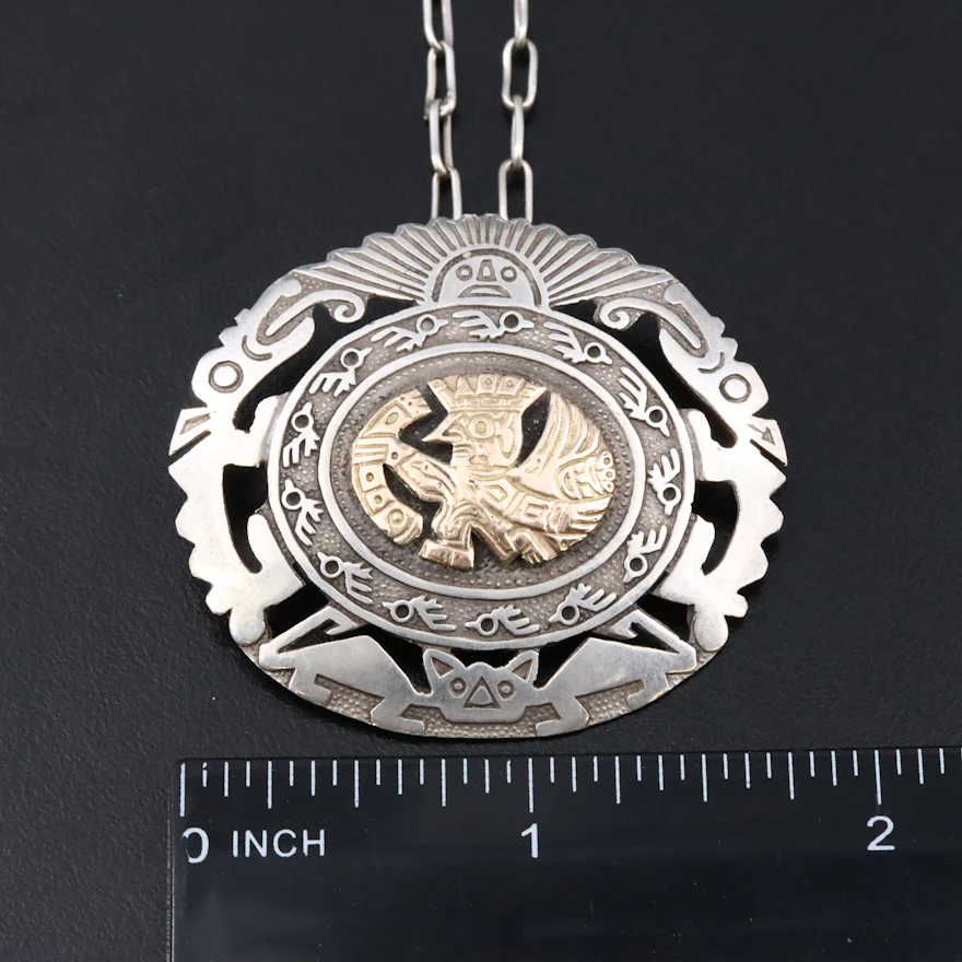 Peruvian Sterling Converter Brooch with 18K Accent and Sterling Chain ...
