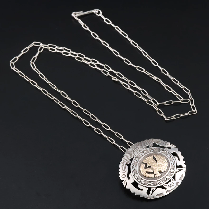 Peruvian Sterling Converter Brooch with 18K Accent and Sterling Chain ...