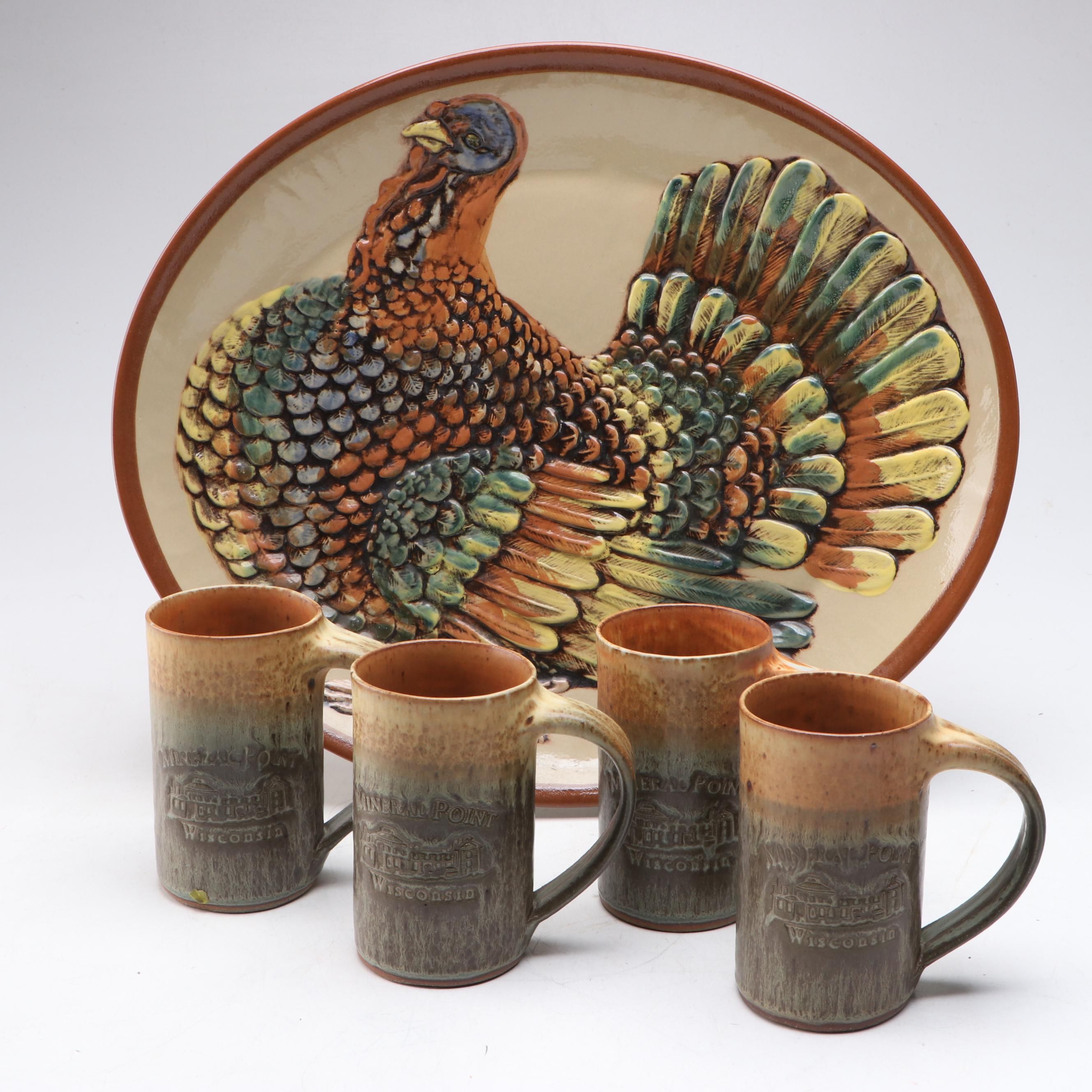Louisville Stoneware Turkey Serving Platter with Mineral Point, Wisconsin Mugs