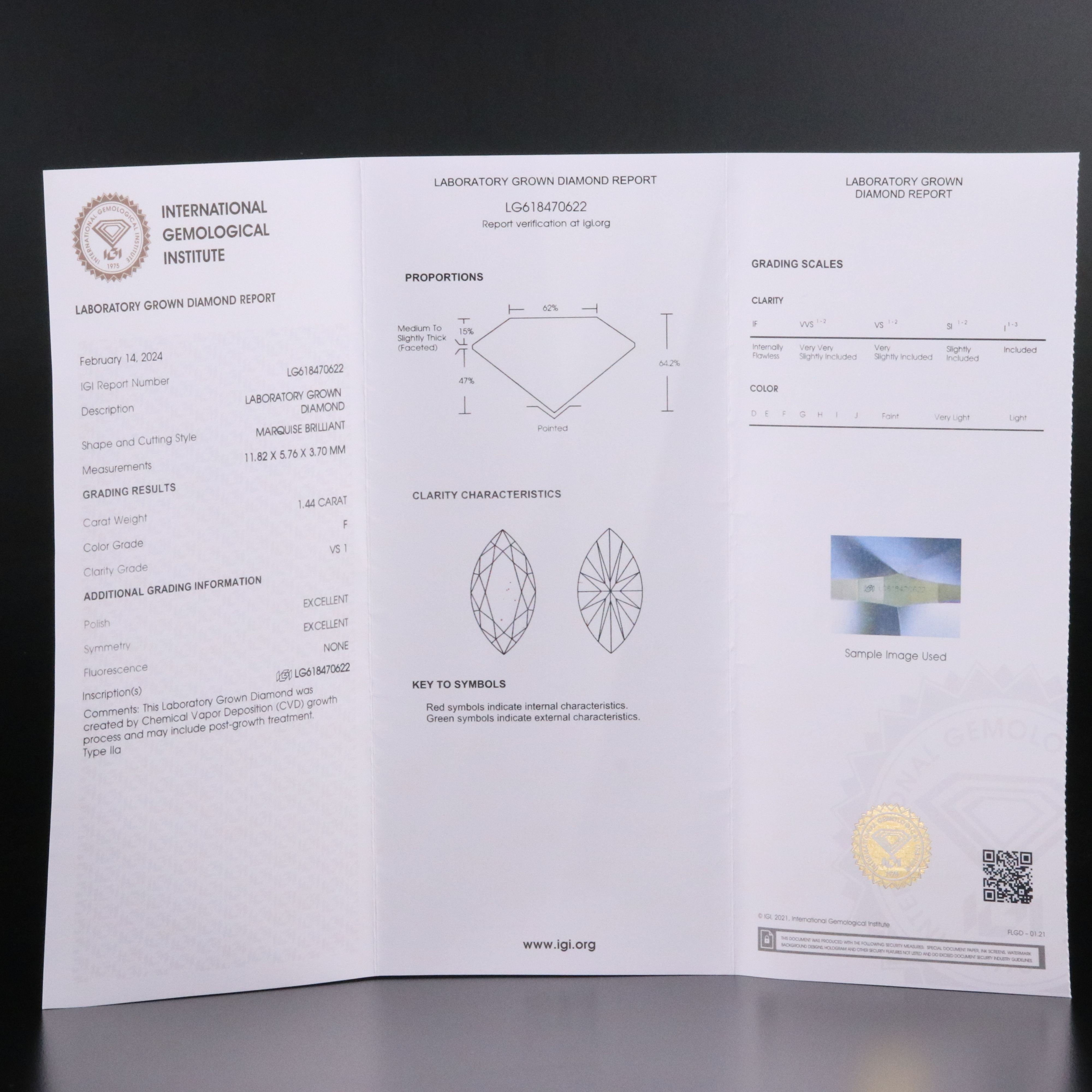 Loose 1.44 CT Lab Grown Diamond with IGI Report