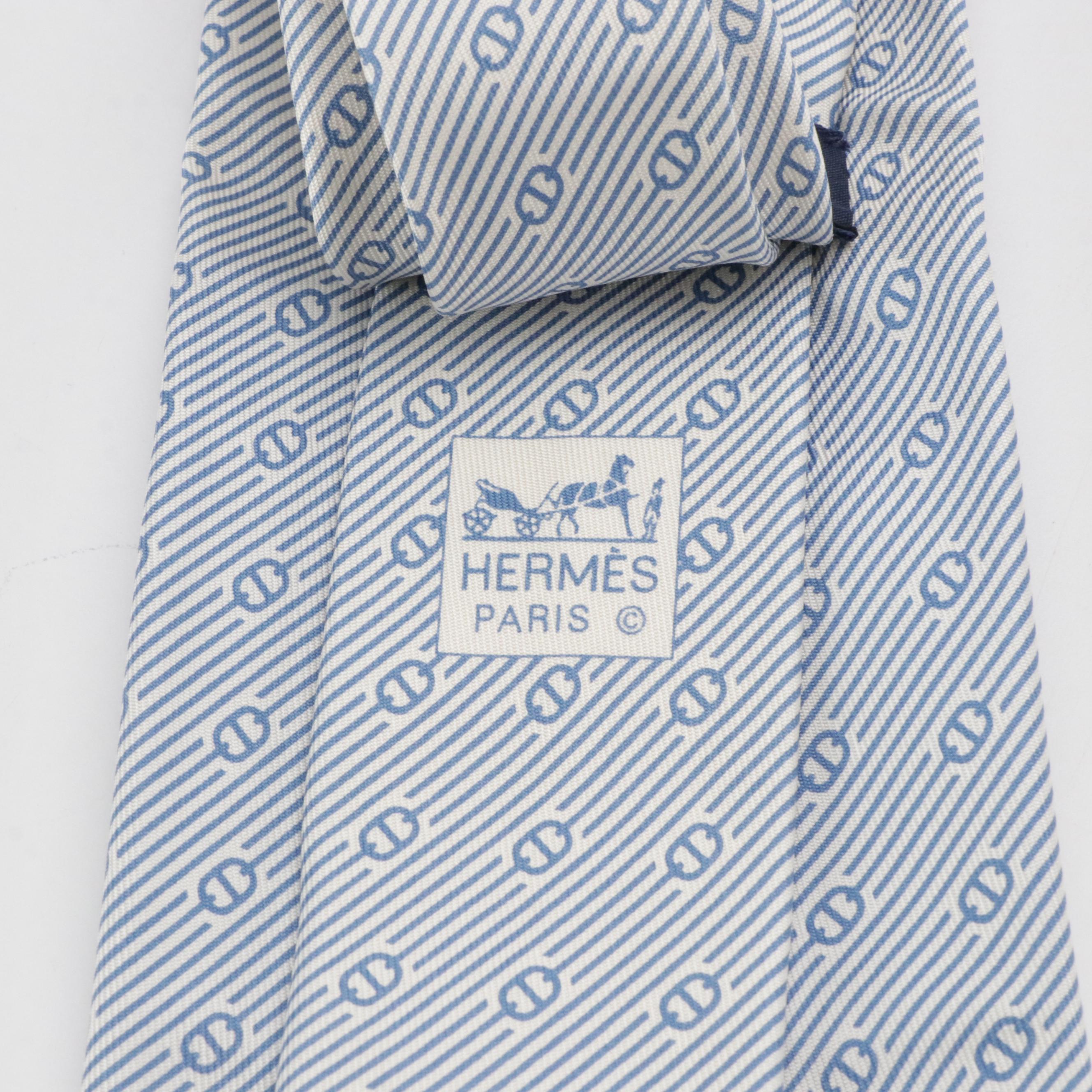 Hermès Blue Striped Horsebit Print Silk Necktie and Prada Dark Grey Silk Necktie