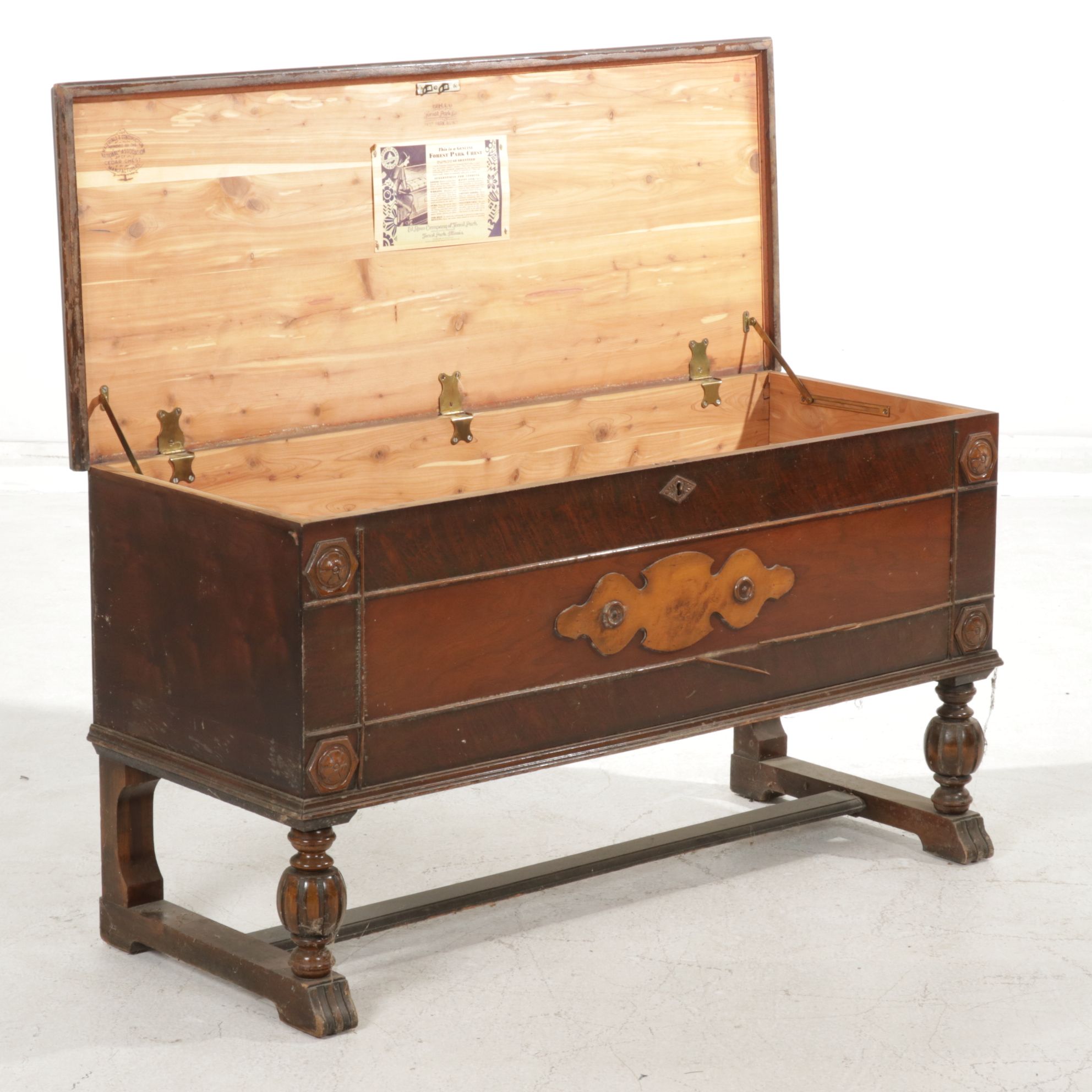 Ed Roos "Forest Park" Jacobean Style Mahogany Blanket Chest, Mid-20th Century