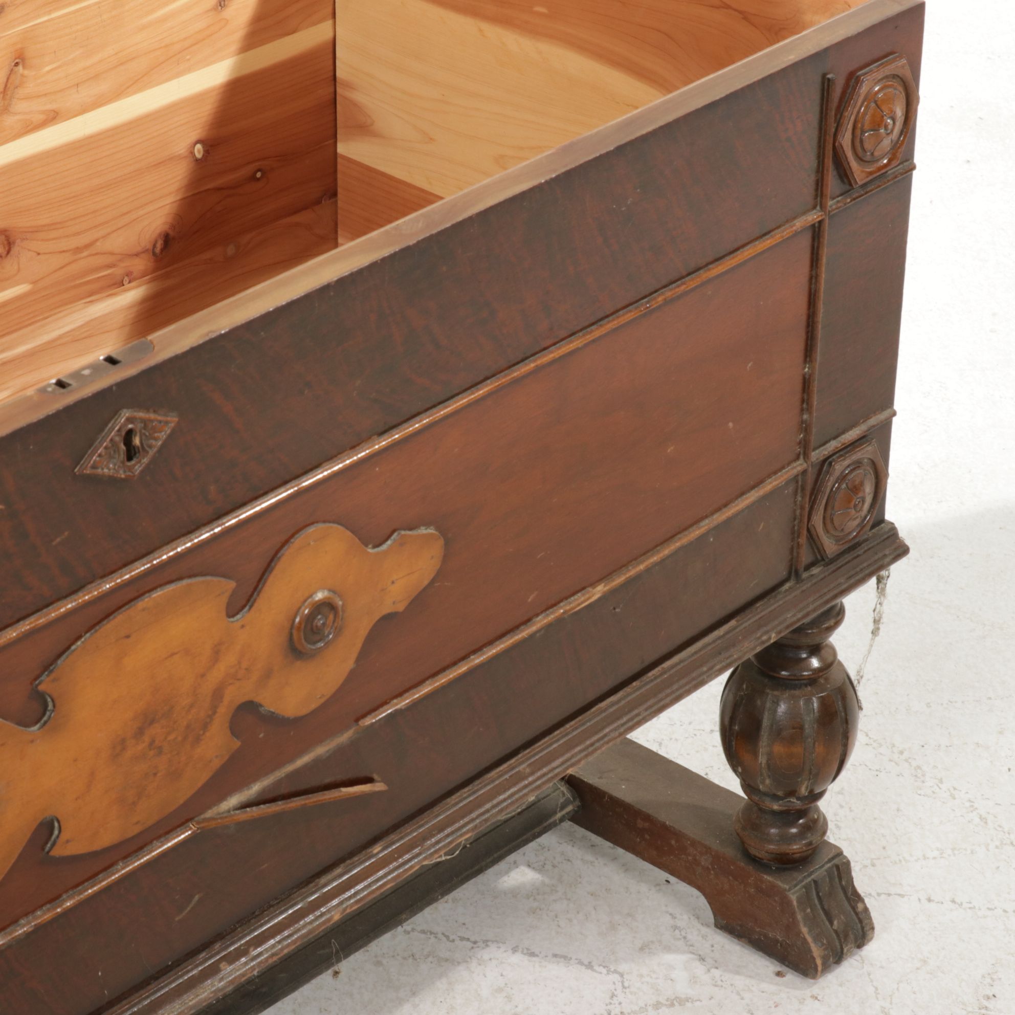 Ed Roos "Forest Park" Jacobean Style Mahogany Blanket Chest, Mid-20th Century