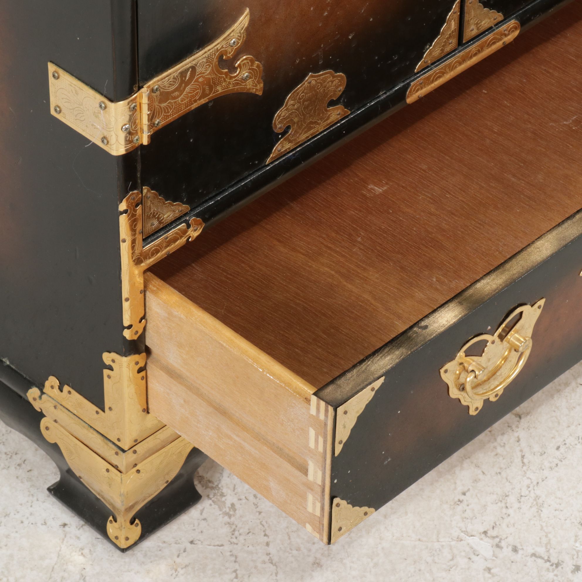 Chinese Style Burlwood Small Cabinet with Brass Accents