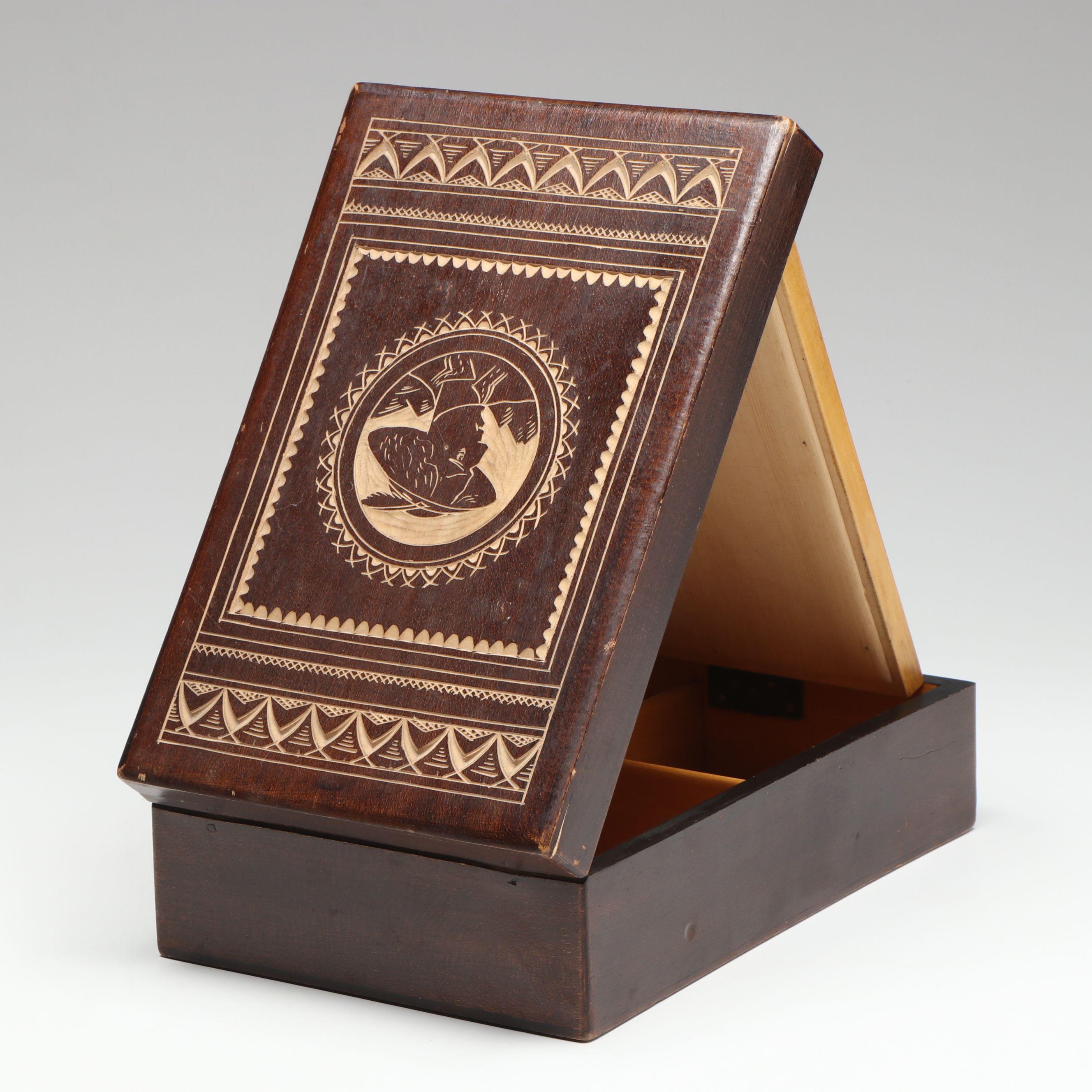 Zakopane Polish Hand Carved Portrait Jewelry Box with Mirror