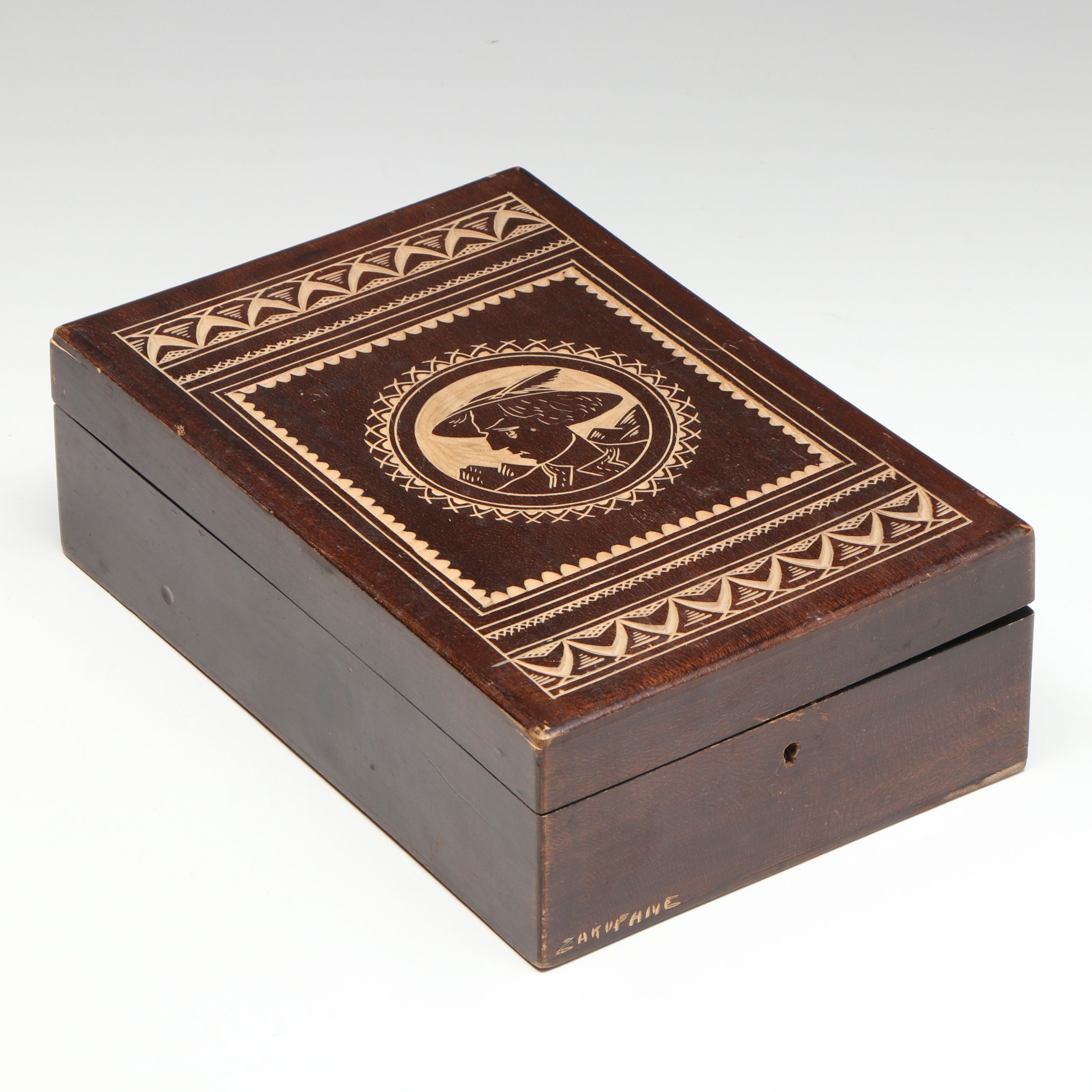 Zakopane Polish Hand Carved Portrait Jewelry Box with Mirror