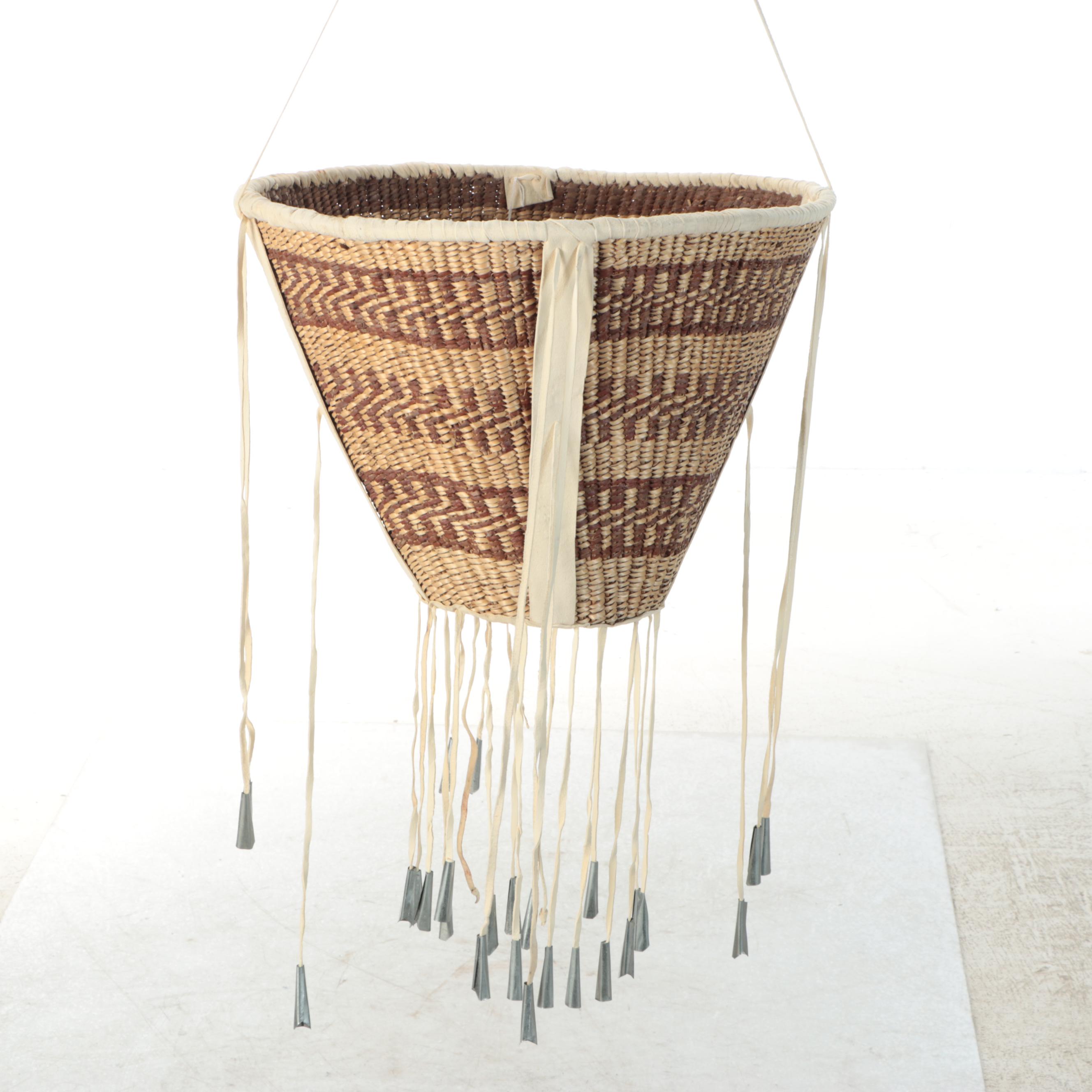 Carla Kinnen Indé (Apache) Cottonwood and Willow Burden Basket with Jingles