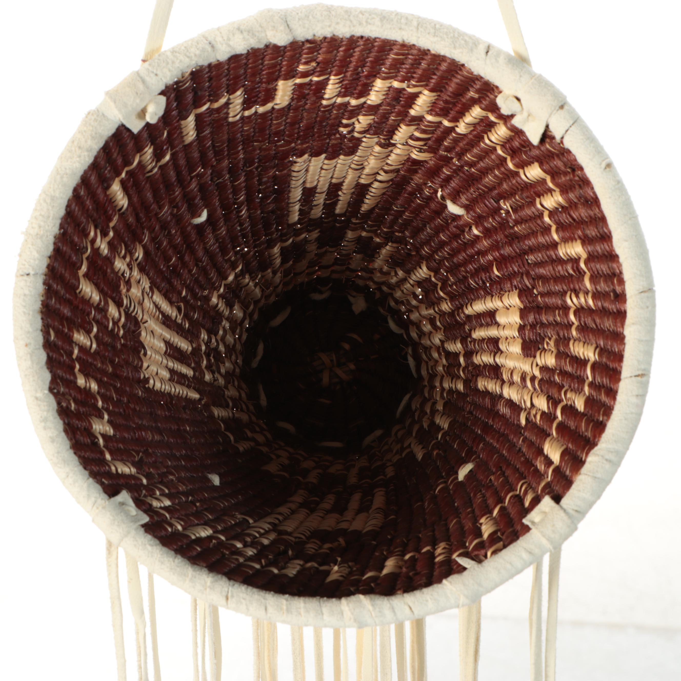 Mary Jane Dudley Indé (Apache) Willow and Buckskin Burden Basket with Jingles