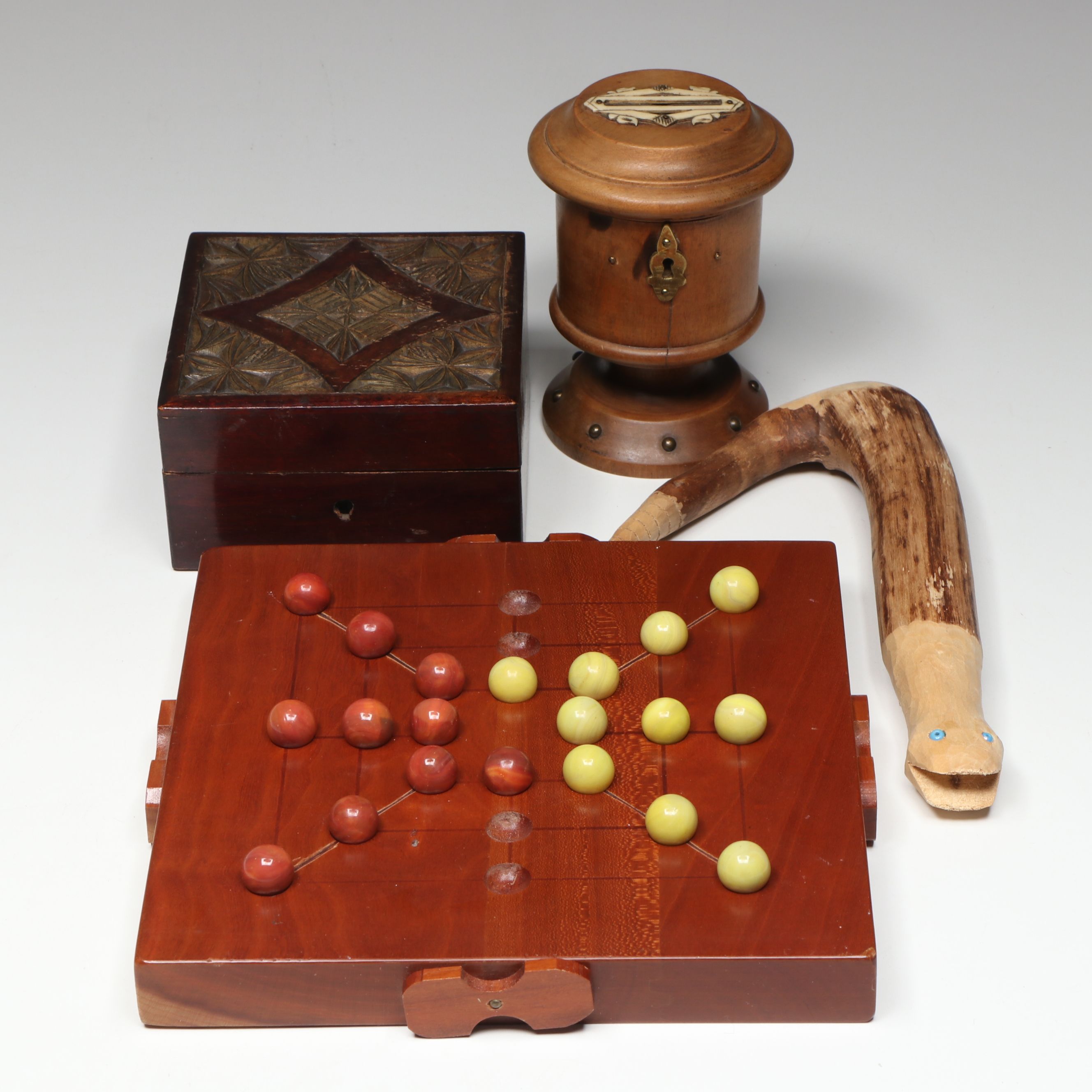 Victorian Bone Inlaid Treenware Bank with Other Wooden Décor